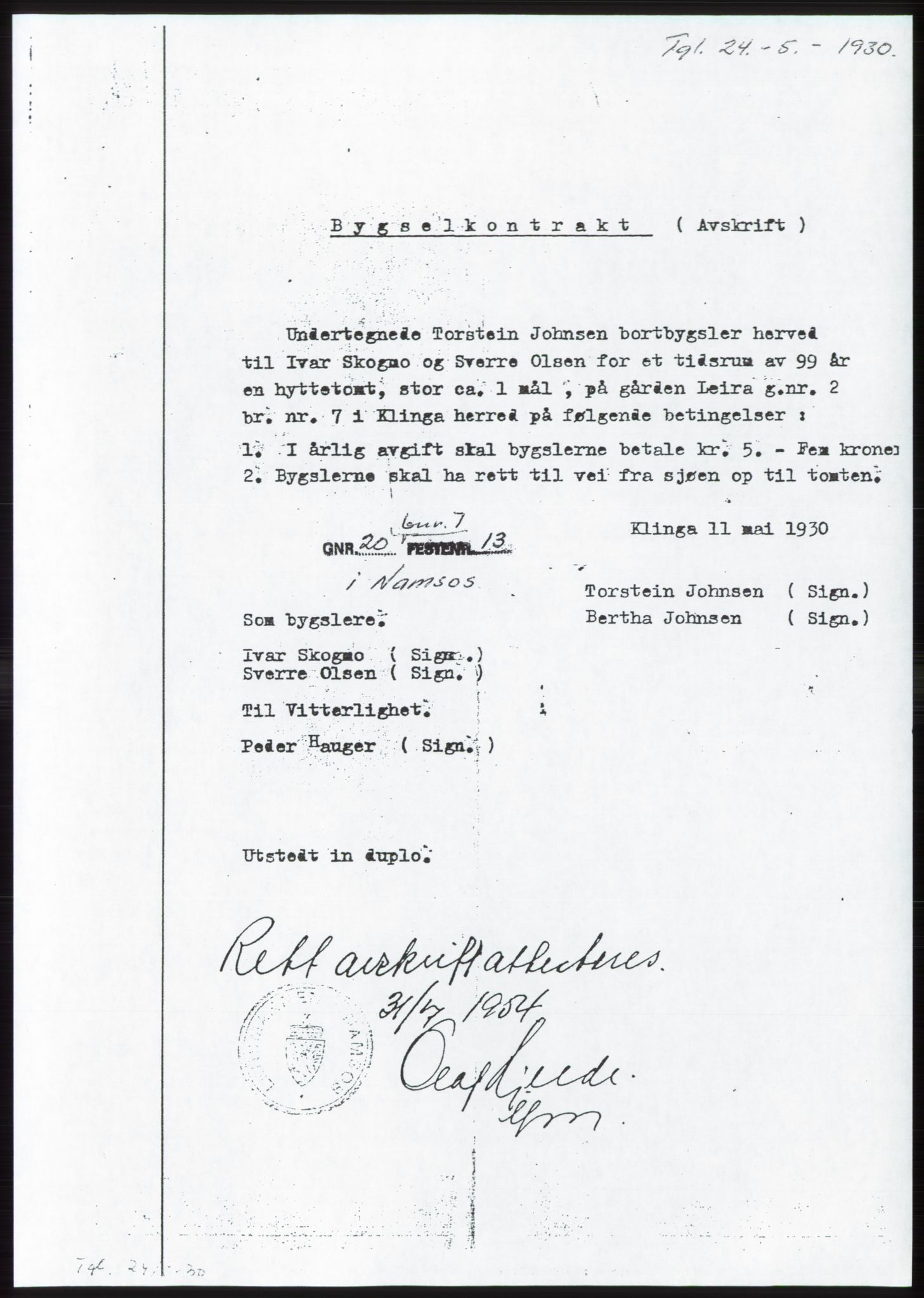 Namdal sorenskriveri, SAT/A-4133/1/2/2C: Pantebok nr. -, 1926-1930, Tingl.dato: 24.05.1930