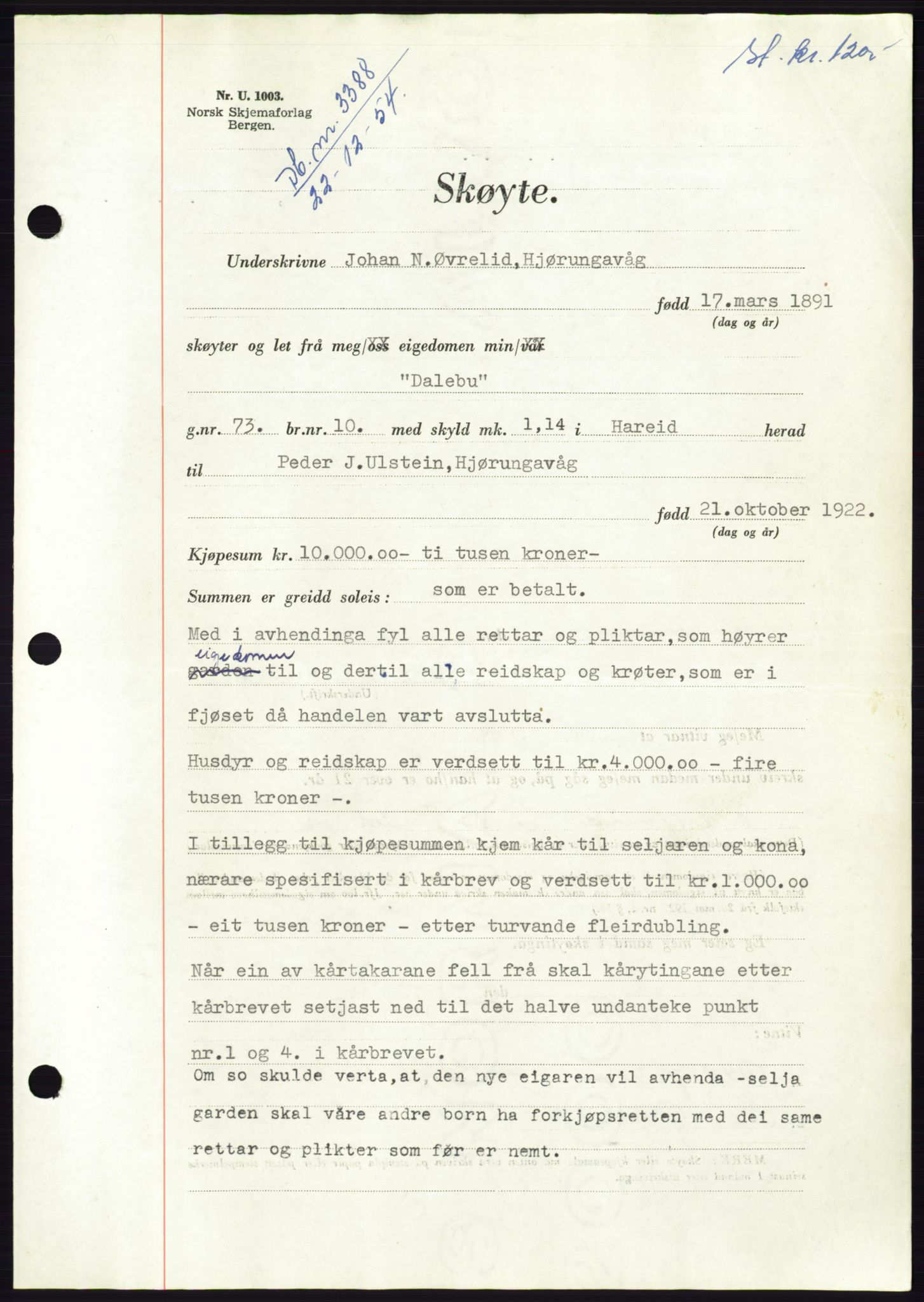 Søre Sunnmøre sorenskriveri, AV/SAT-A-4122/1/2/2C/L0099: Pantebok nr. 25A, 1954-1954, Dagboknr: 3388/1954