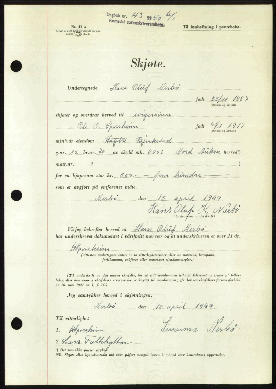 Romsdal sorenskriveri, AV/SAT-A-4149/1/2/2C: Pantebok nr. A32, 1950-1950, Dagboknr: 43/1950