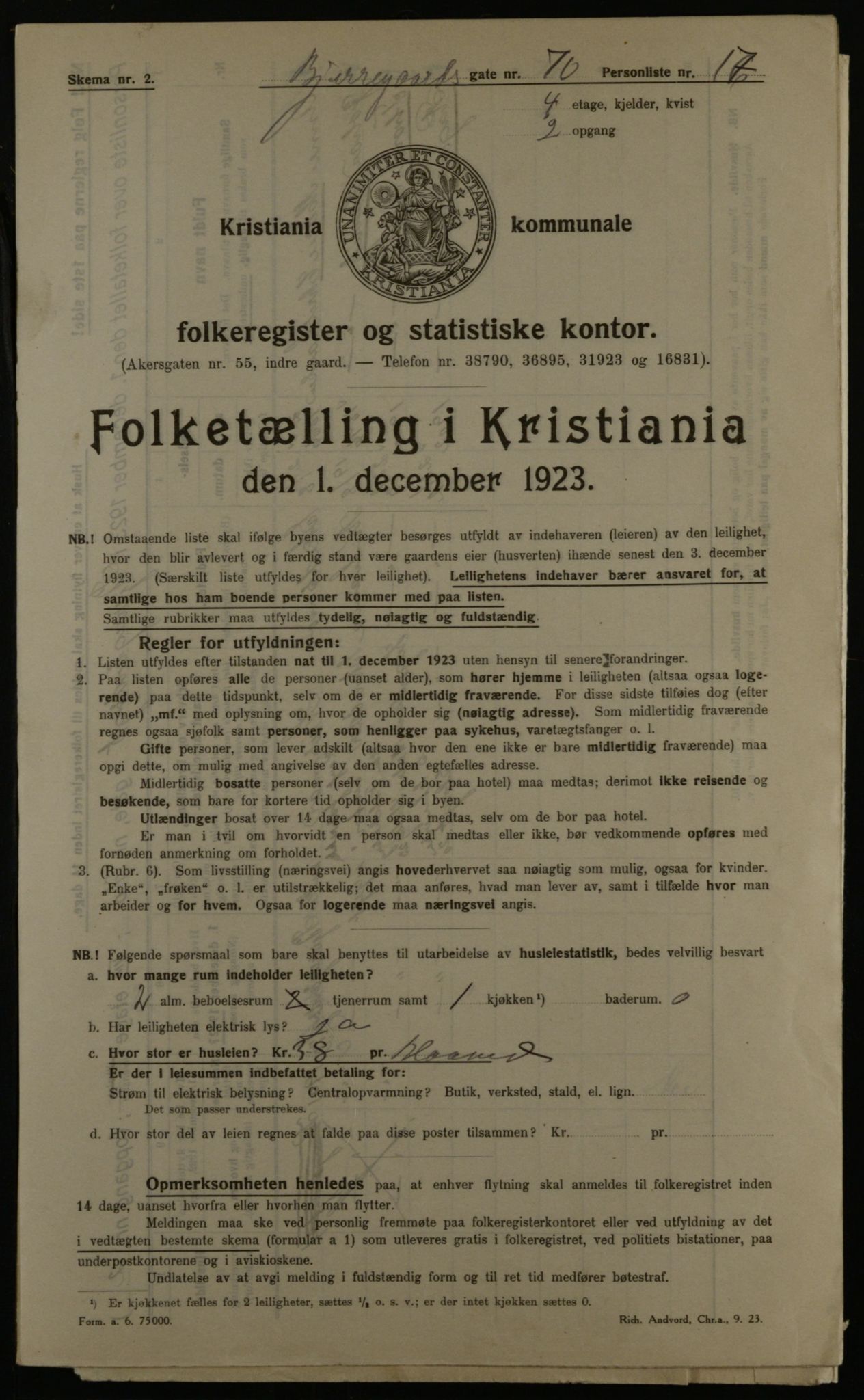 OBA, Kommunal folketelling 1.12.1923 for Kristiania, 1923, s. 7453