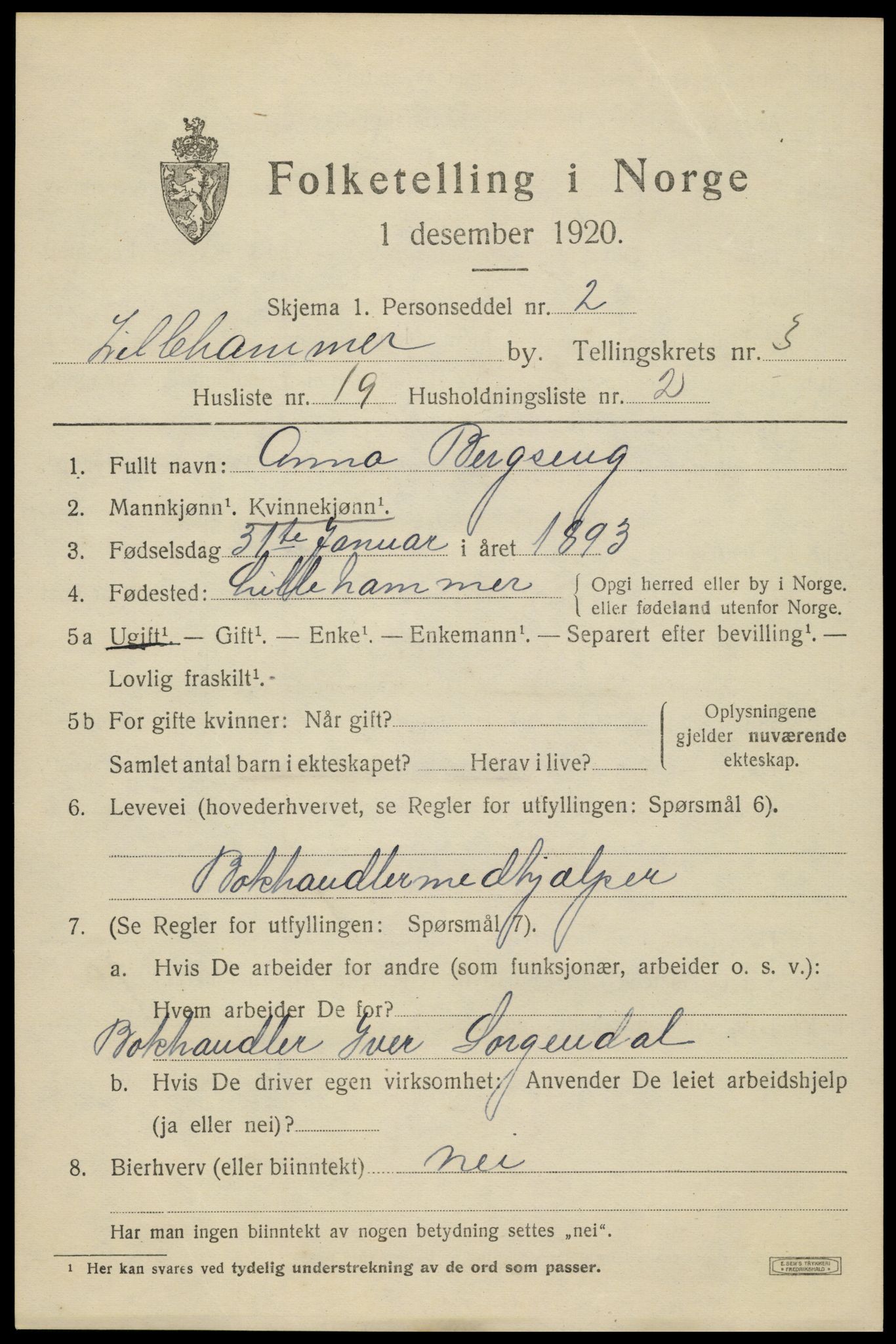 SAH, Folketelling 1920 for 0501 Lillehammer kjøpstad, 1920, s. 6000
