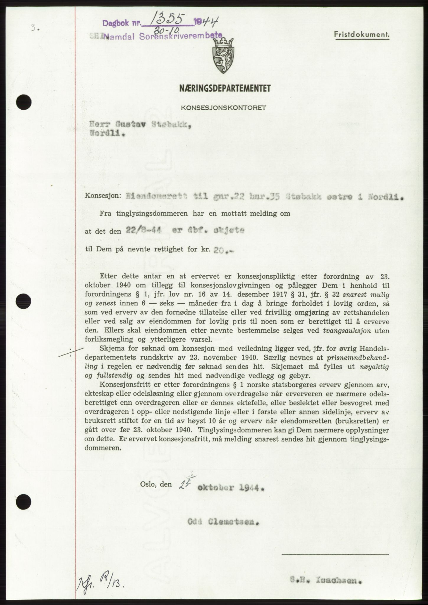 Namdal sorenskriveri, SAT/A-4133/1/2/2C: Pantebok nr. -, 1944-1945, Dagboknr: 1355/1944