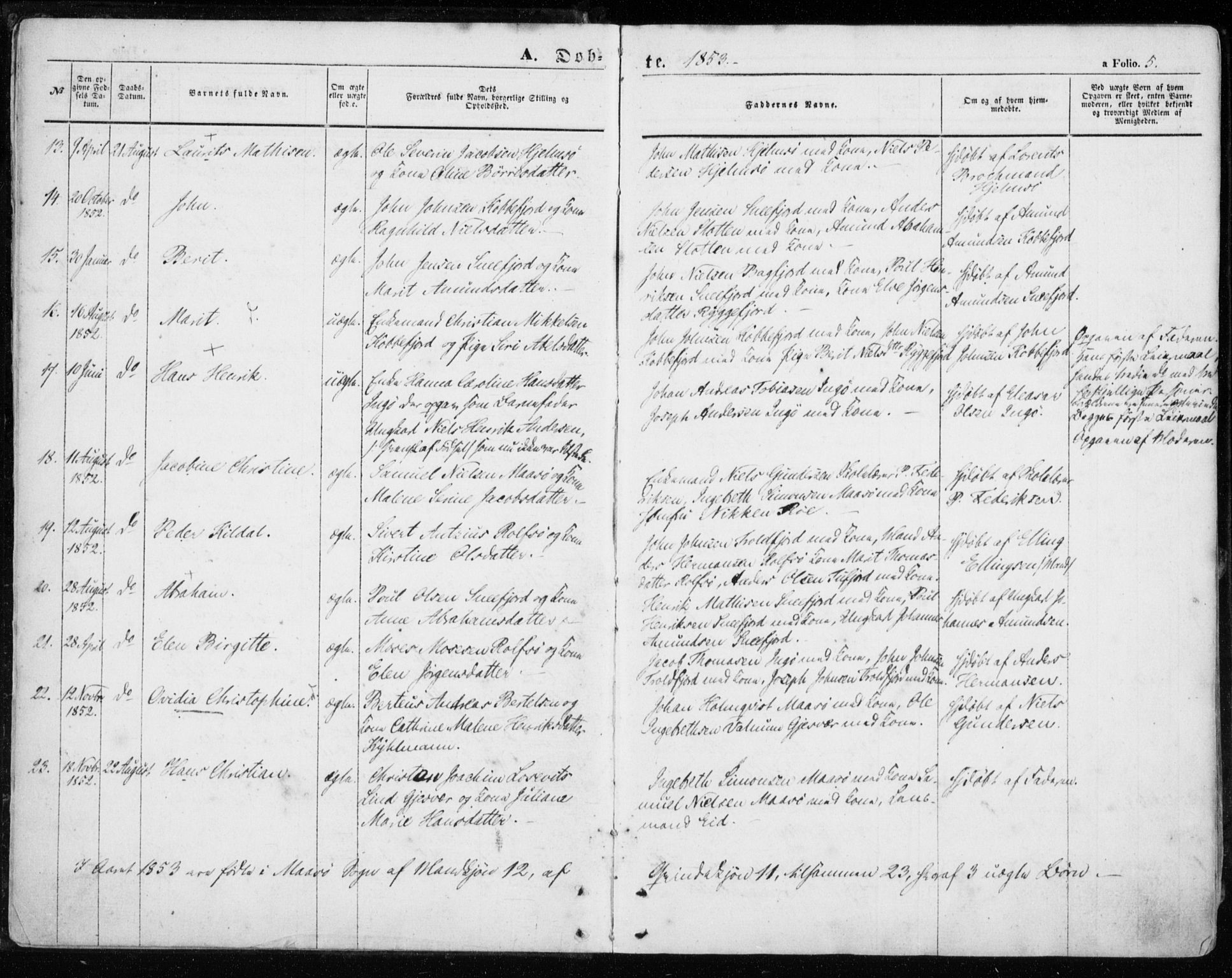 Måsøy sokneprestkontor, AV/SATØ-S-1348/H/Ha/L0002kirke: Ministerialbok nr. 2, 1852-1865, s. 5