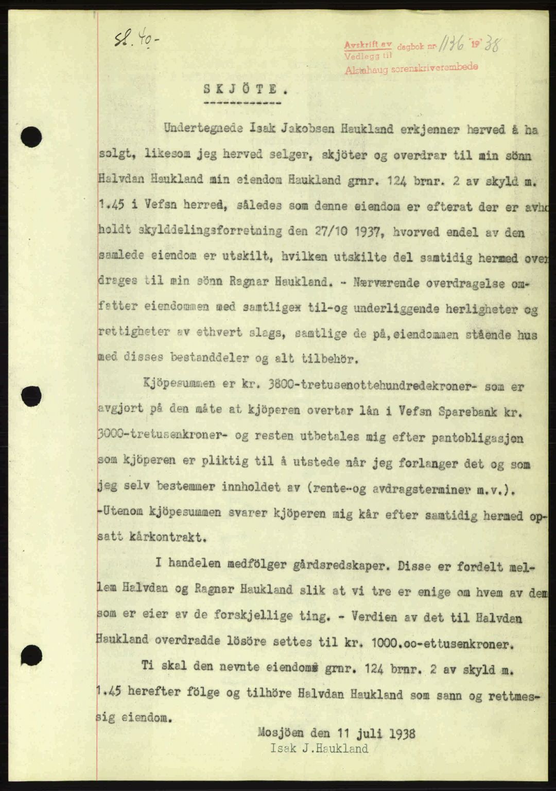 Alstahaug sorenskriveri, SAT/A-1009: Pantebok nr. A3, 1937-1938, Dagboknr: 1136/1938