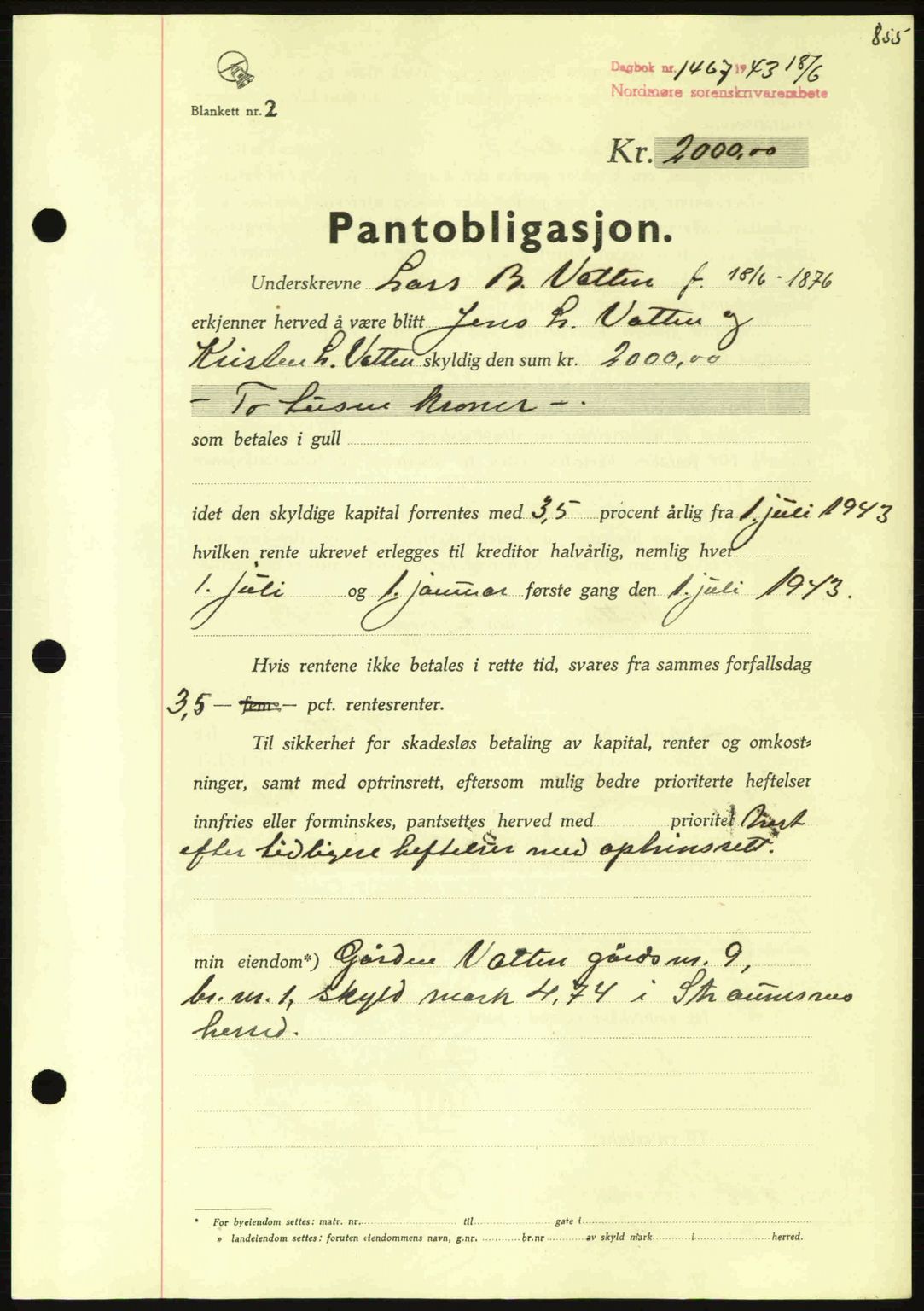 Nordmøre sorenskriveri, SAT/A-4132/1/2/2Ca: Pantebok nr. B90, 1942-1943, Dagboknr: 1467/1943