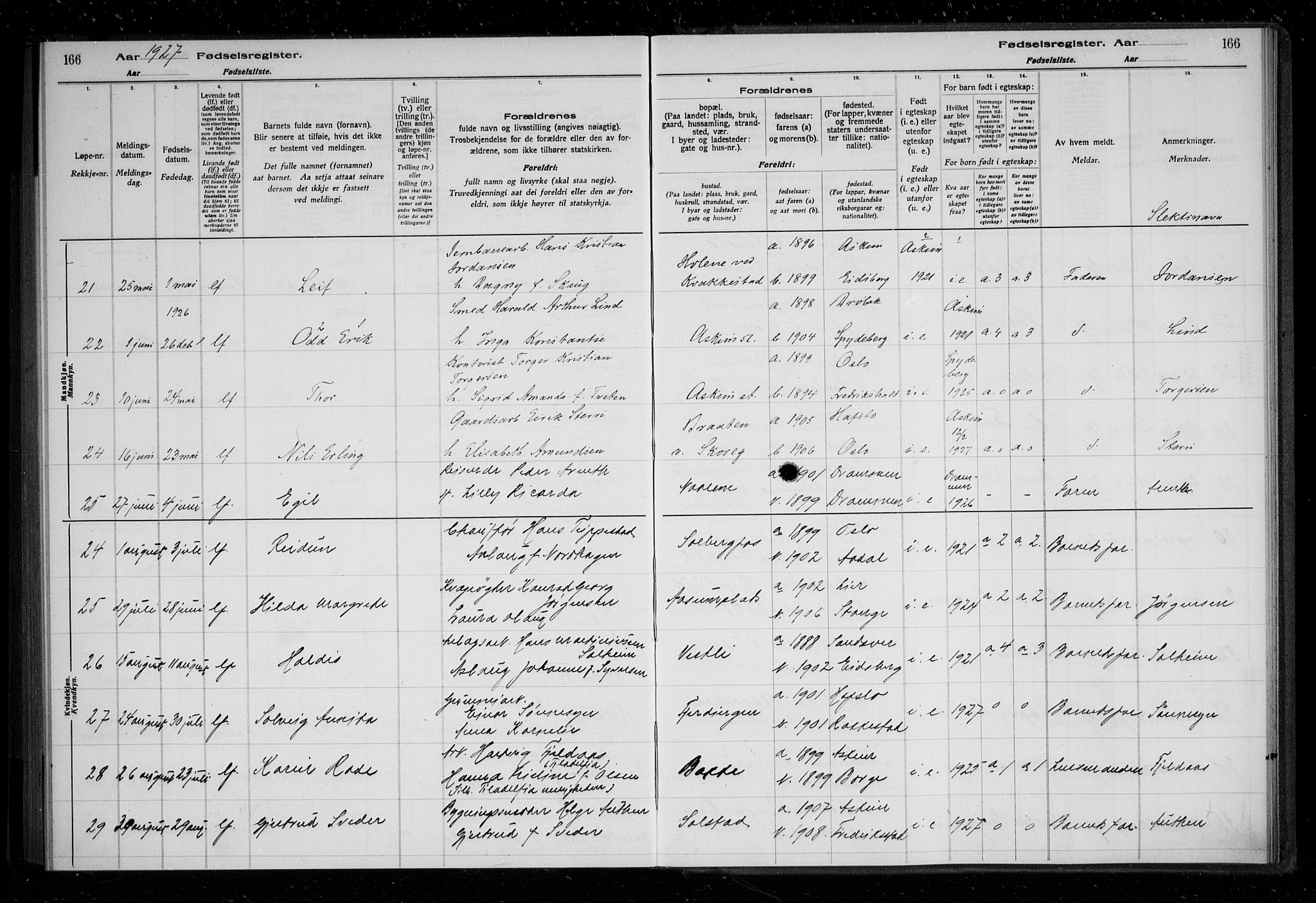 Askim prestekontor Kirkebøker, AV/SAO-A-10900/J/Ja/L0001: Fødselsregister nr. 1, 1916-1929, s. 166