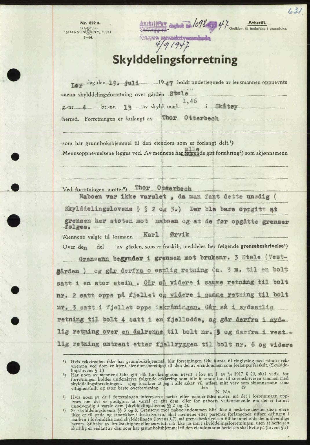 Kragerø sorenskriveri, SAKO/A-65/G/Ga/Gab/L0061: Pantebok nr. A-61, 1947-1947, Dagboknr: 1098/1947