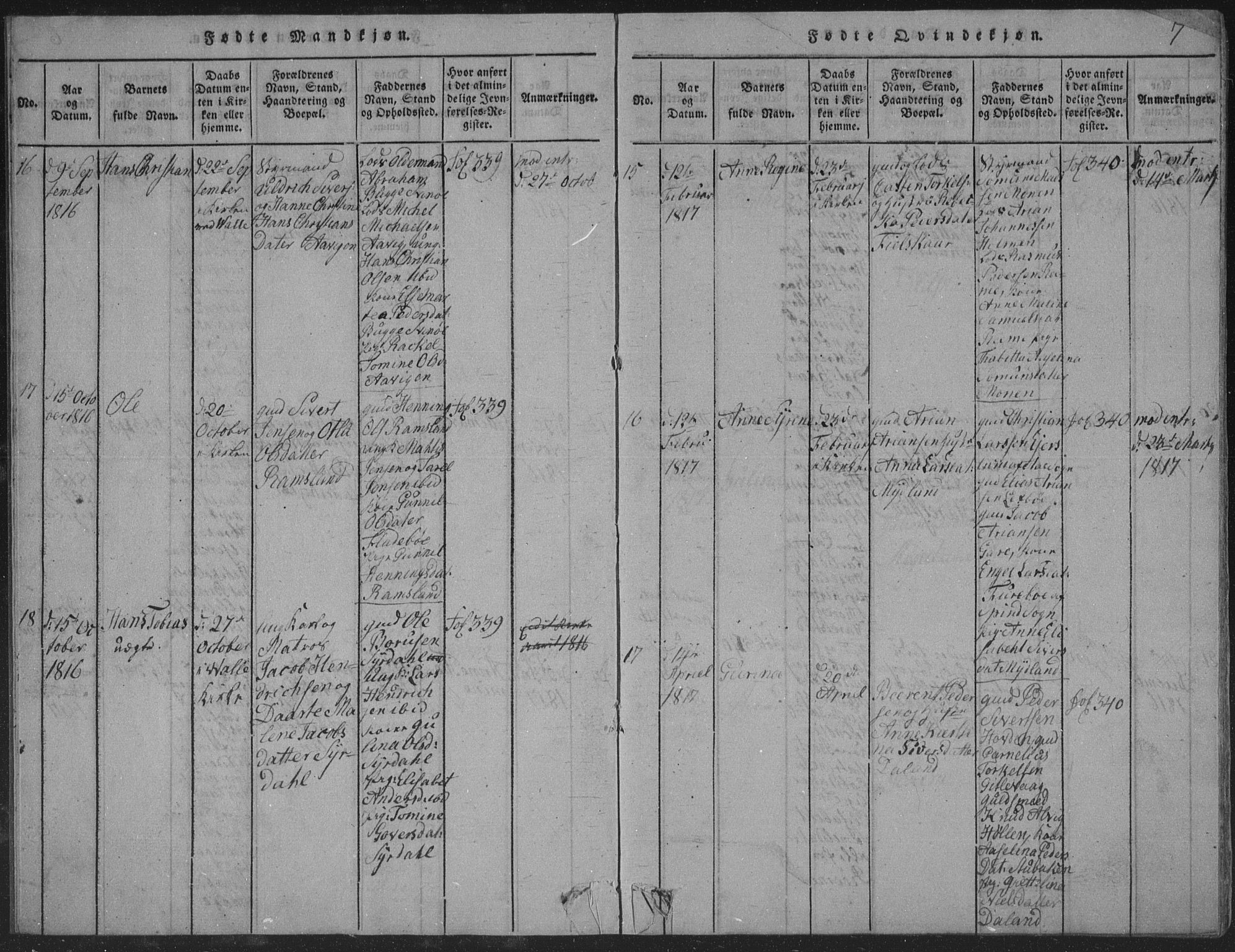 Sør-Audnedal sokneprestkontor, AV/SAK-1111-0039/F/Fb/Fba/L0001: Klokkerbok nr. B 1, 1815-1850, s. 7