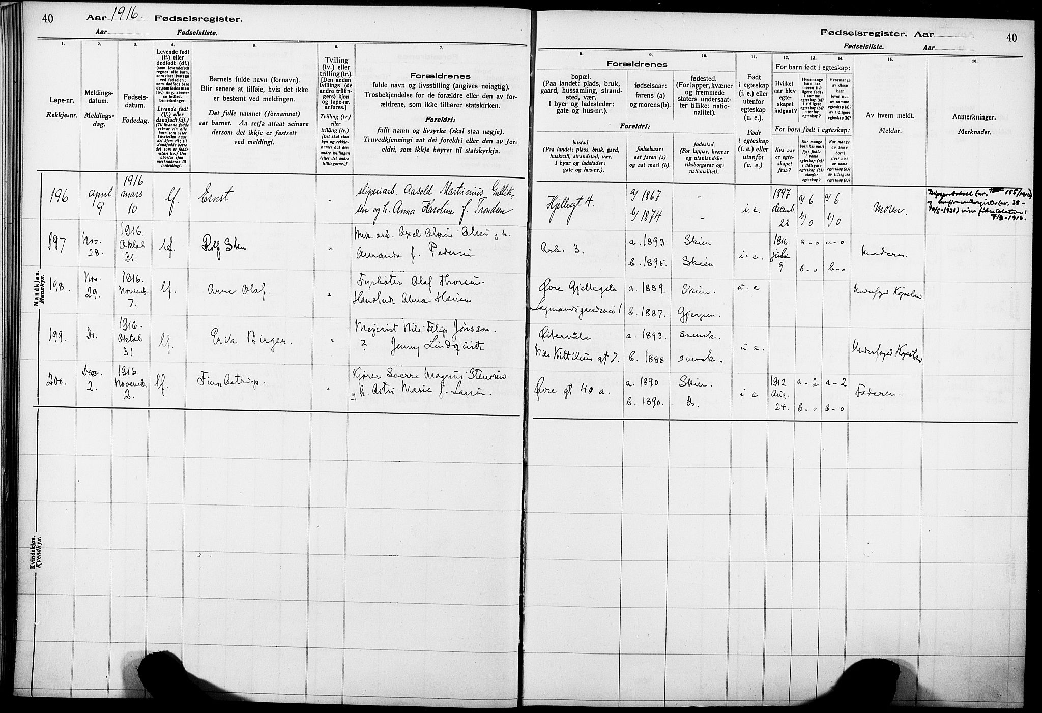 Skien kirkebøker, AV/SAKO-A-302/J/Ja/L0001: Fødselsregister nr. 1, 1916-1920, s. 40