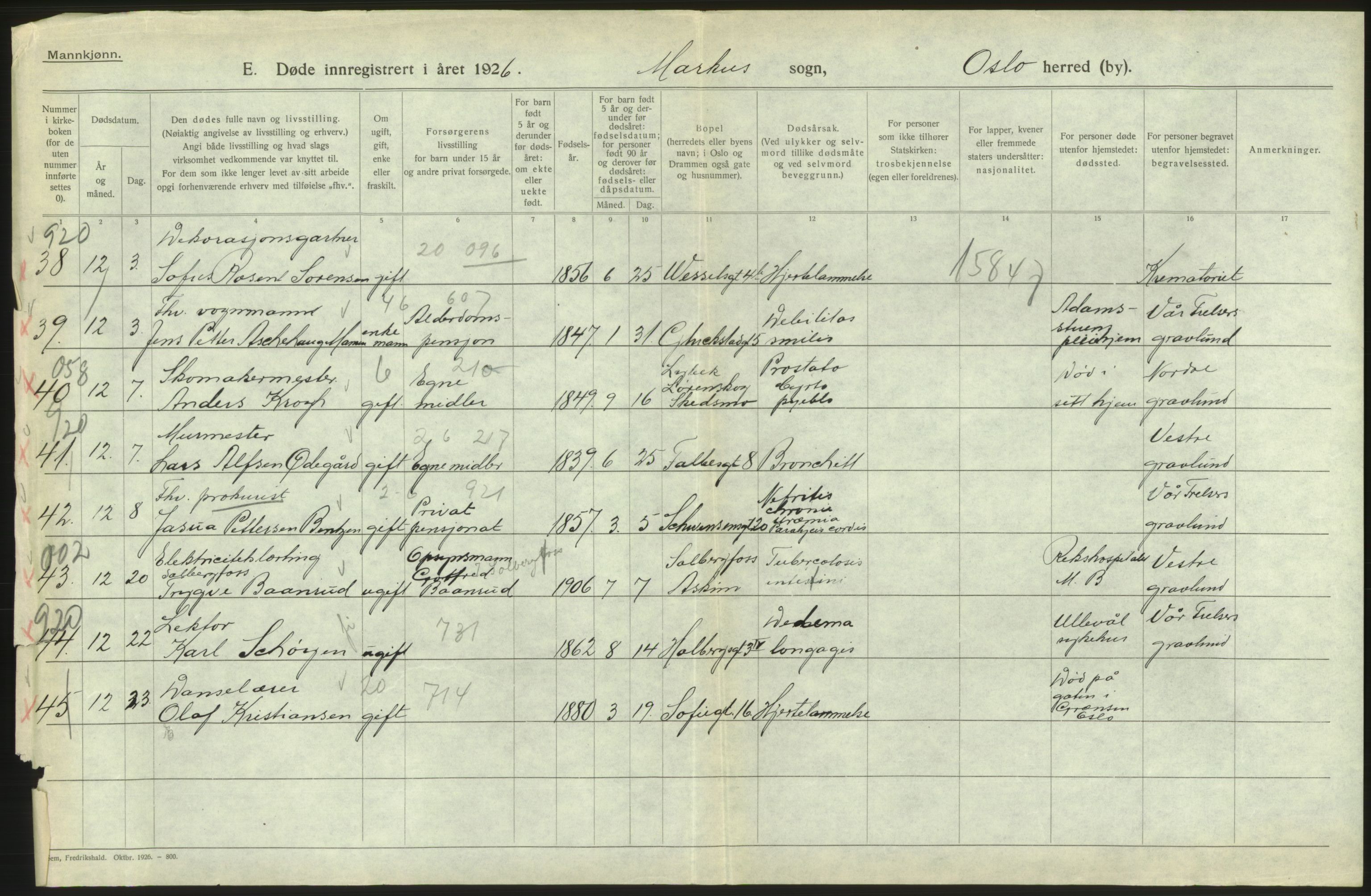 Statistisk sentralbyrå, Sosiodemografiske emner, Befolkning, AV/RA-S-2228/D/Df/Dfc/Dfcf/L0009: Oslo: Døde menn, 1926, s. 562