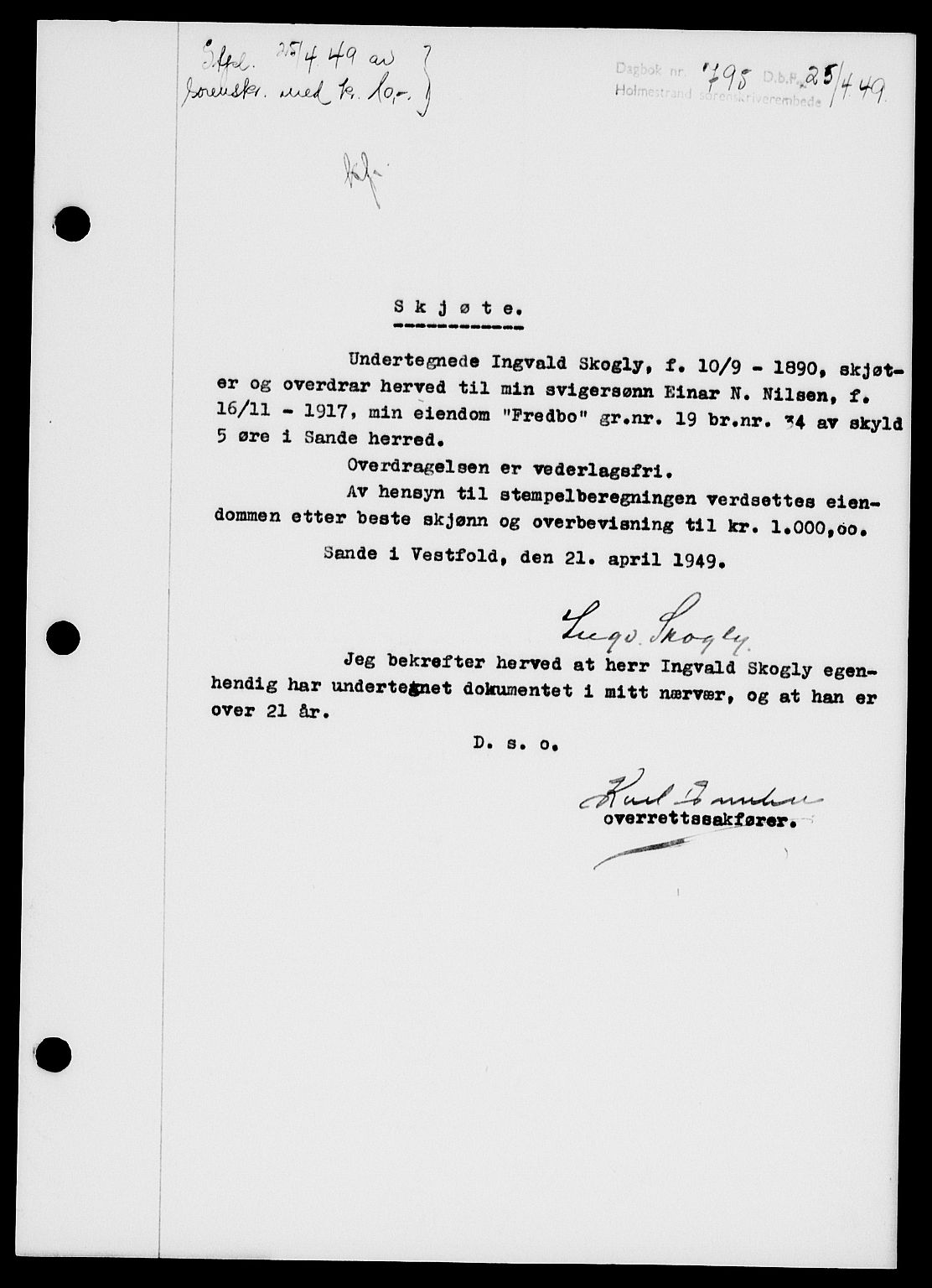 Holmestrand sorenskriveri, SAKO/A-67/G/Ga/Gaa/L0066: Pantebok nr. A-66, 1949-1949, Dagboknr: 795/1949