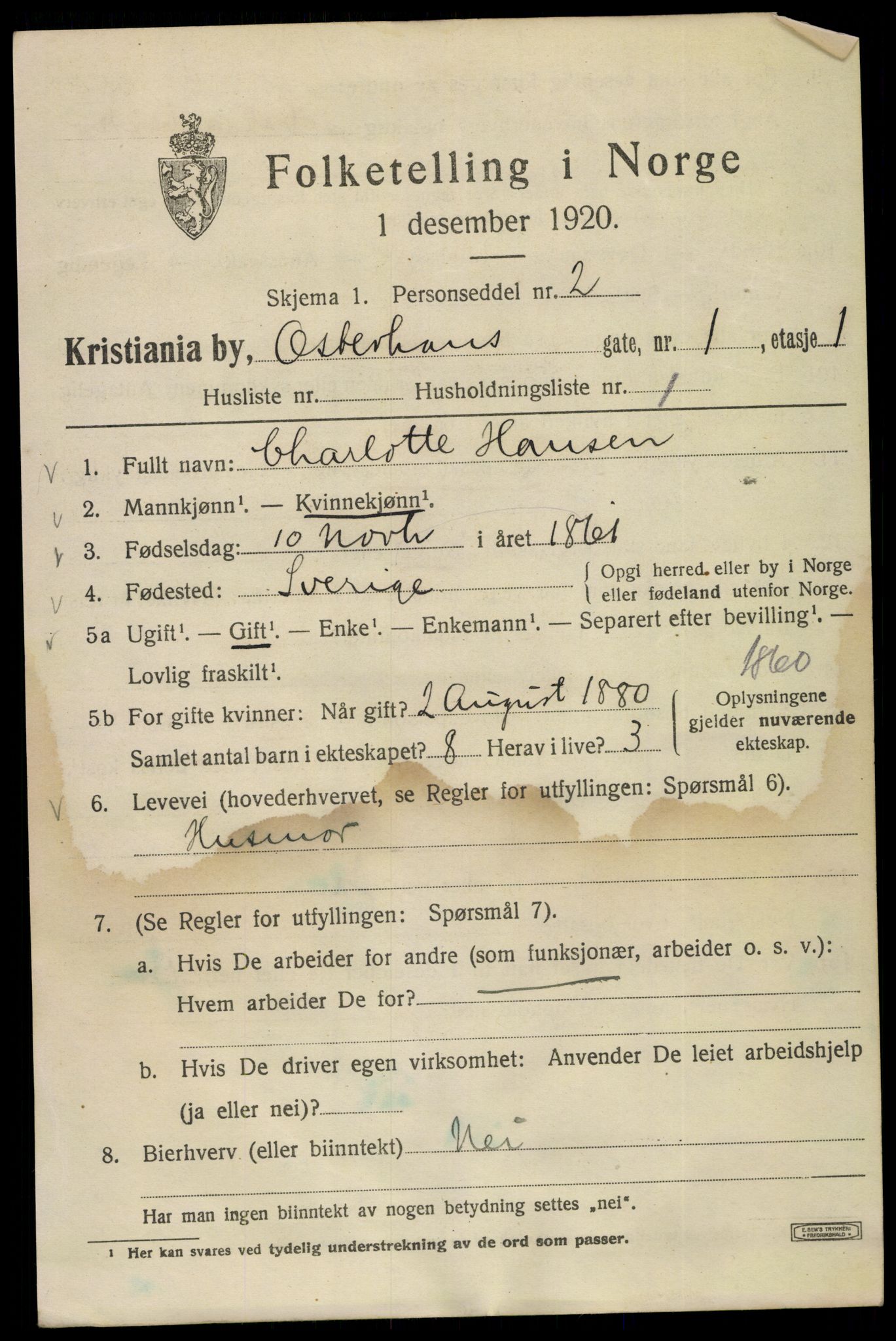 SAO, Folketelling 1920 for 0301 Kristiania kjøpstad, 1920, s. 440885