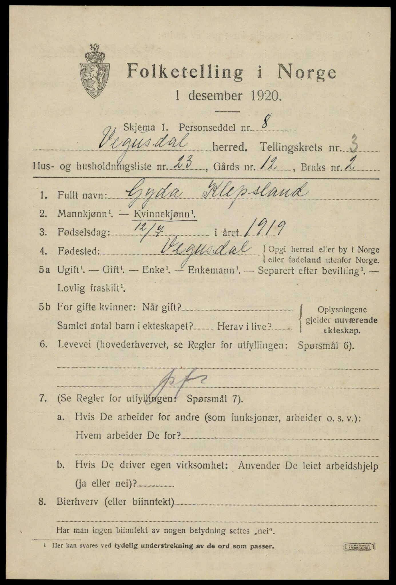 SAK, Folketelling 1920 for 0934 Vegusdal herred, 1920, s. 1059