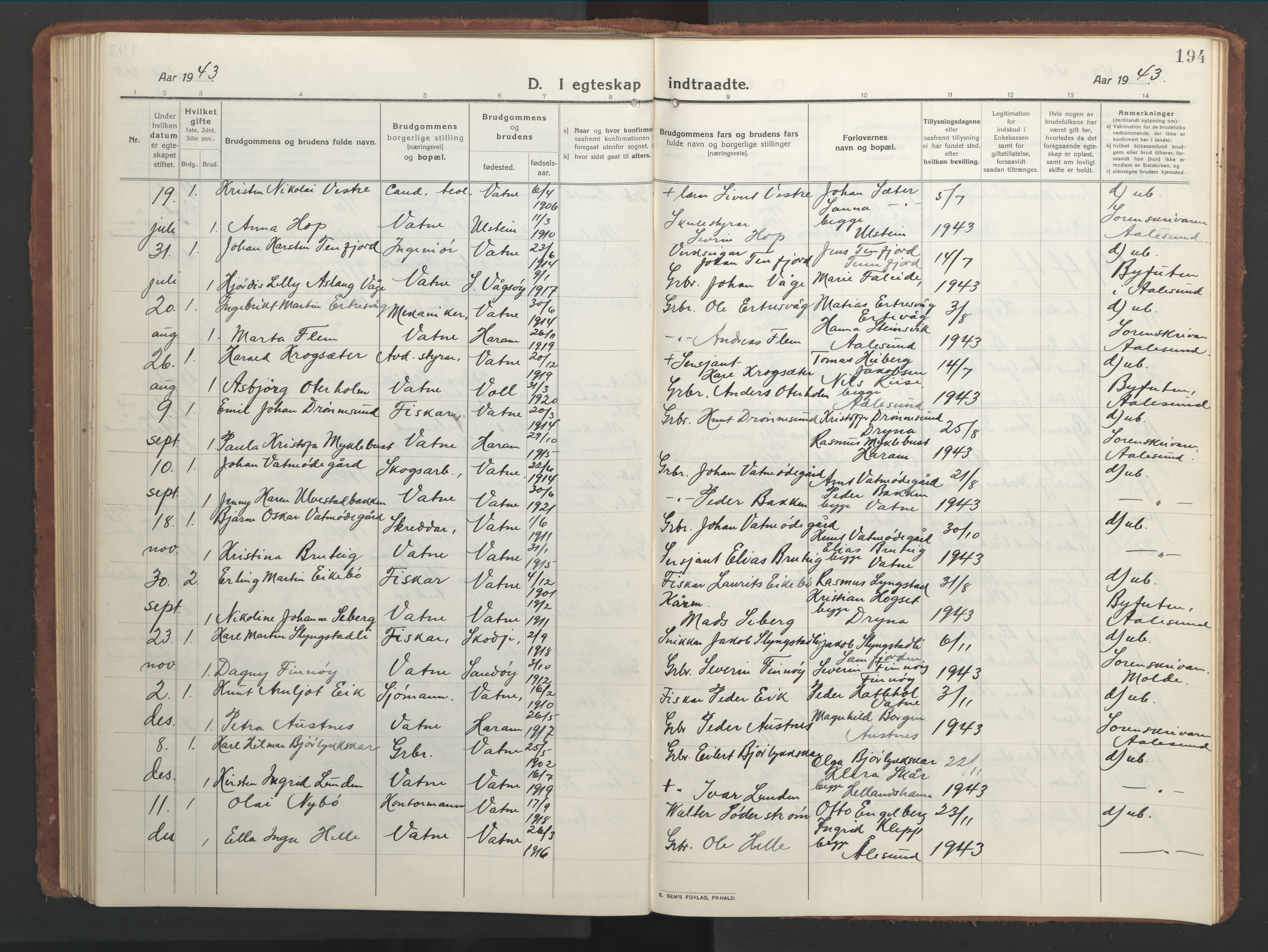 Ministerialprotokoller, klokkerbøker og fødselsregistre - Møre og Romsdal, AV/SAT-A-1454/525/L0378: Klokkerbok nr. 525C04, 1915-1947, s. 194