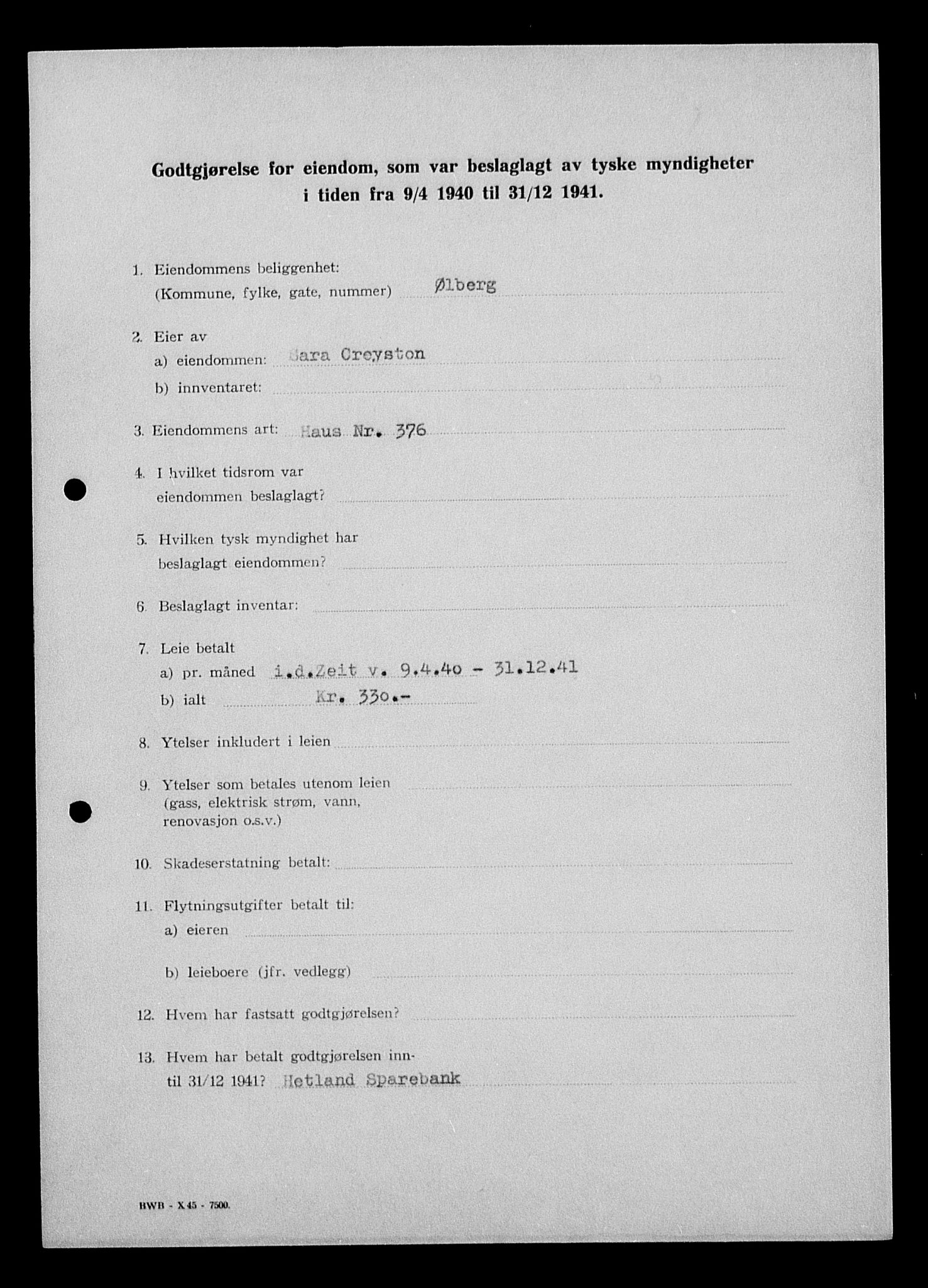 Justisdepartementet, Tilbakeføringskontoret for inndratte formuer, AV/RA-S-1564/I/L1014: Godtgjørelse for beslaglagt eiendom, 1940-1941, s. 226