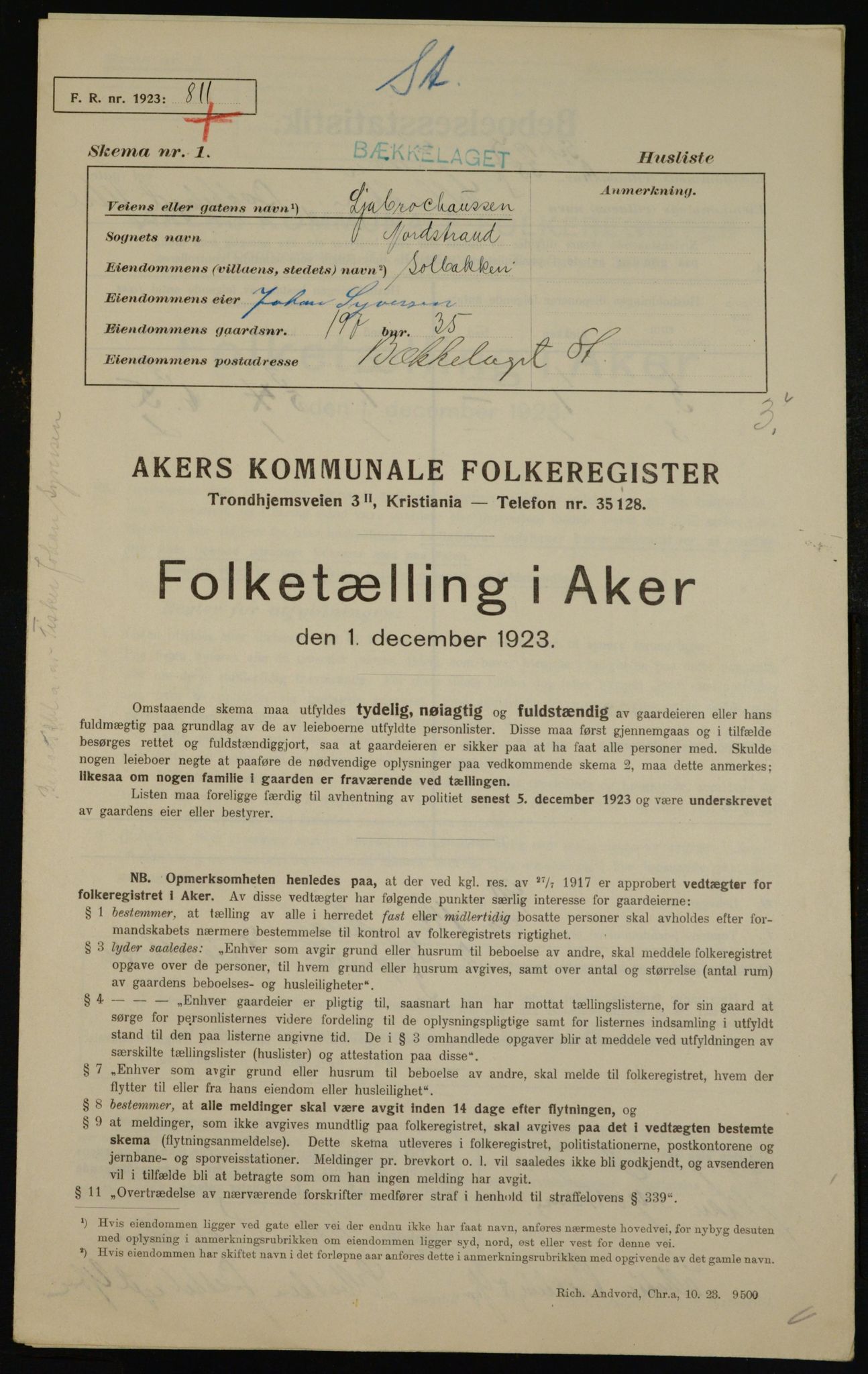 , Kommunal folketelling 1.12.1923 for Aker, 1923, s. 41641