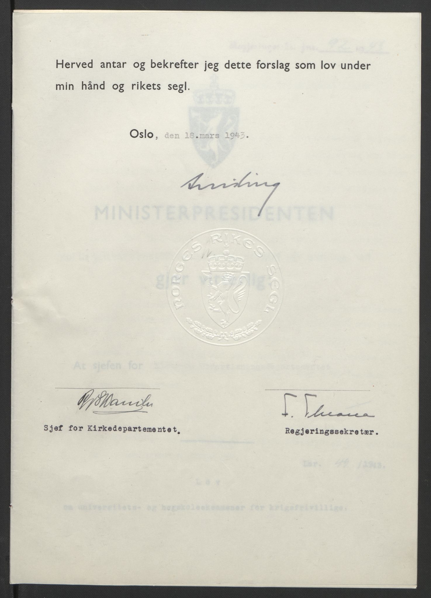 NS-administrasjonen 1940-1945 (Statsrådsekretariatet, de kommisariske statsråder mm), RA/S-4279/D/Db/L0099: Lover, 1943, s. 218
