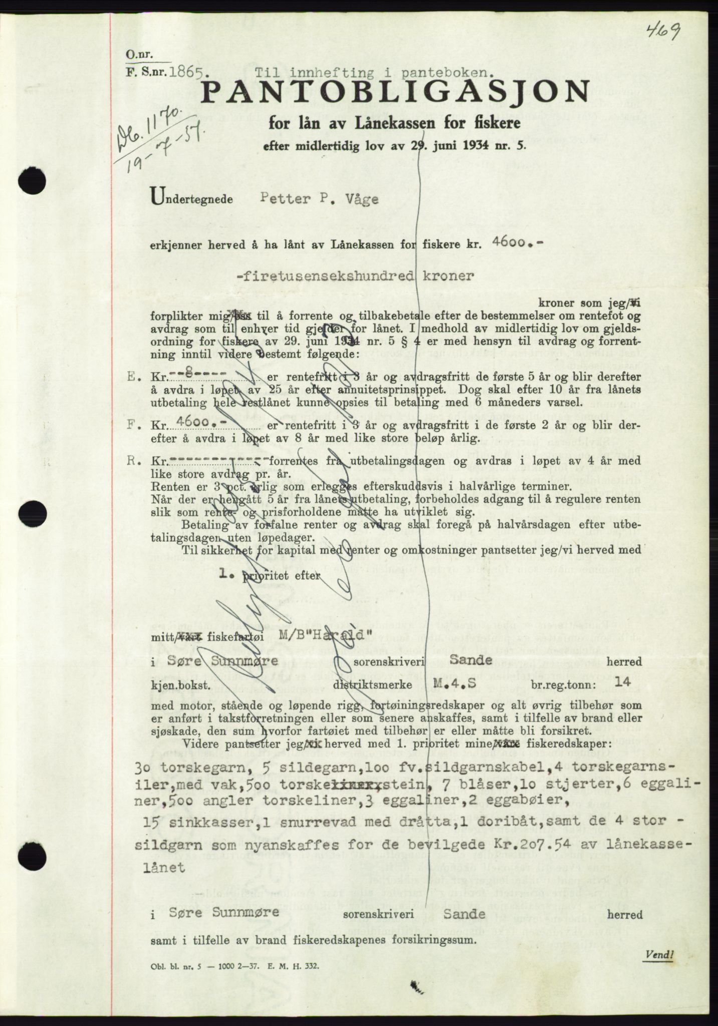 Søre Sunnmøre sorenskriveri, AV/SAT-A-4122/1/2/2C/L0063: Pantebok nr. 57, 1937-1937, Dagboknr: 1170/1937