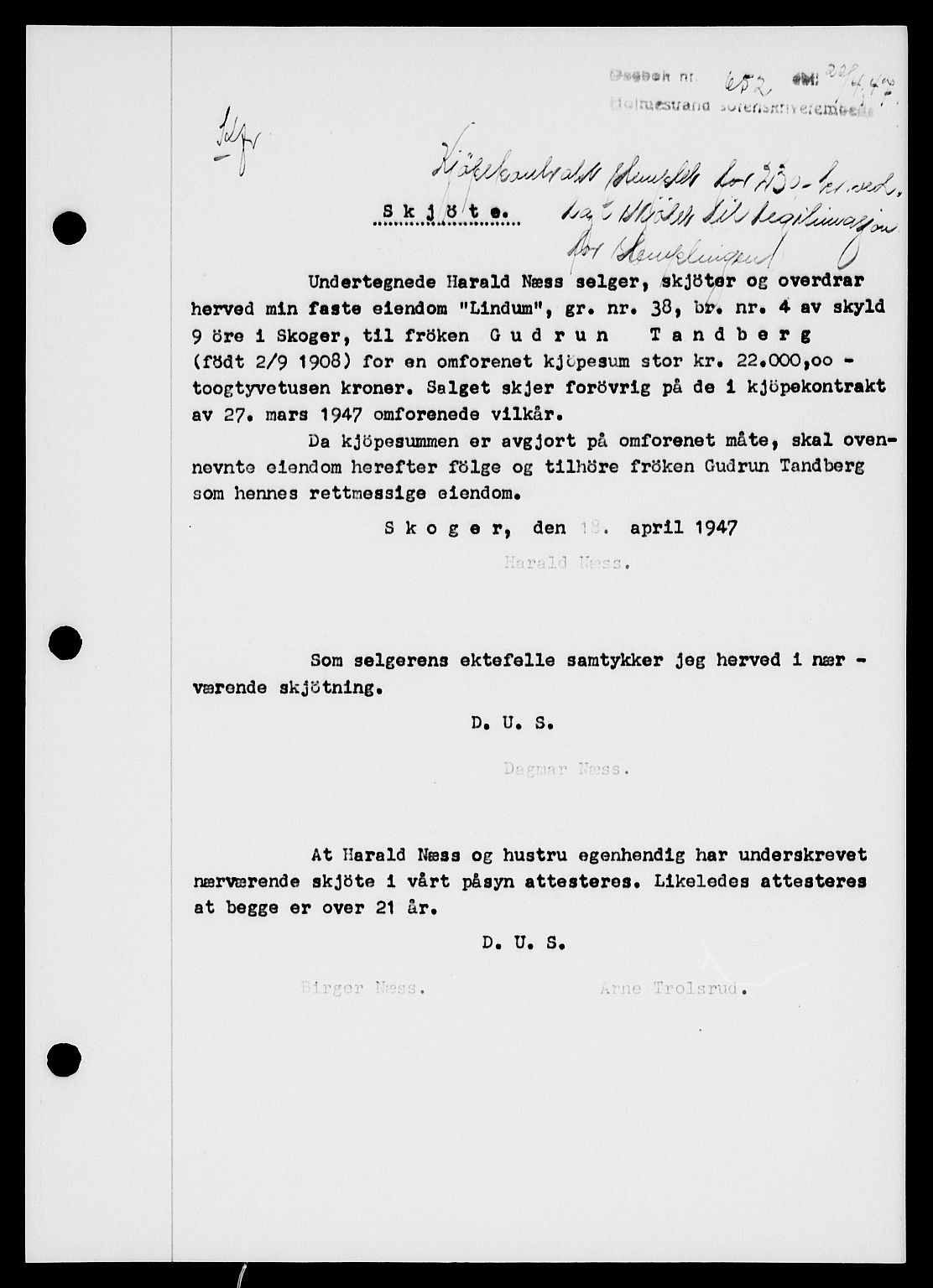 Holmestrand sorenskriveri, SAKO/A-67/G/Ga/Gaa/L0062: Pantebok nr. A-62, 1947-1947, Dagboknr: 652/1947