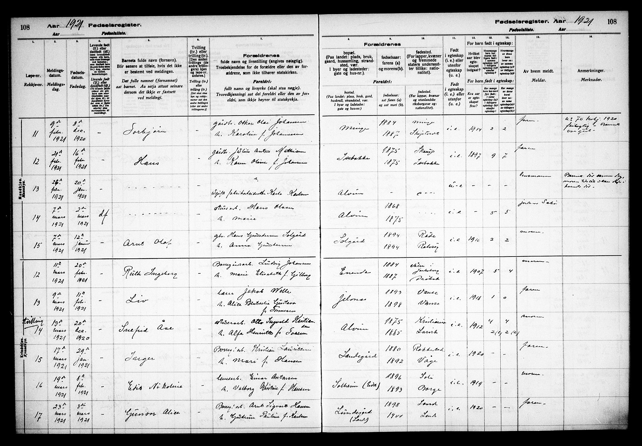 Tune prestekontor Kirkebøker, AV/SAO-A-2007/J/Ja/L0001: Fødselsregister nr. I 1, 1916-1928, s. 108