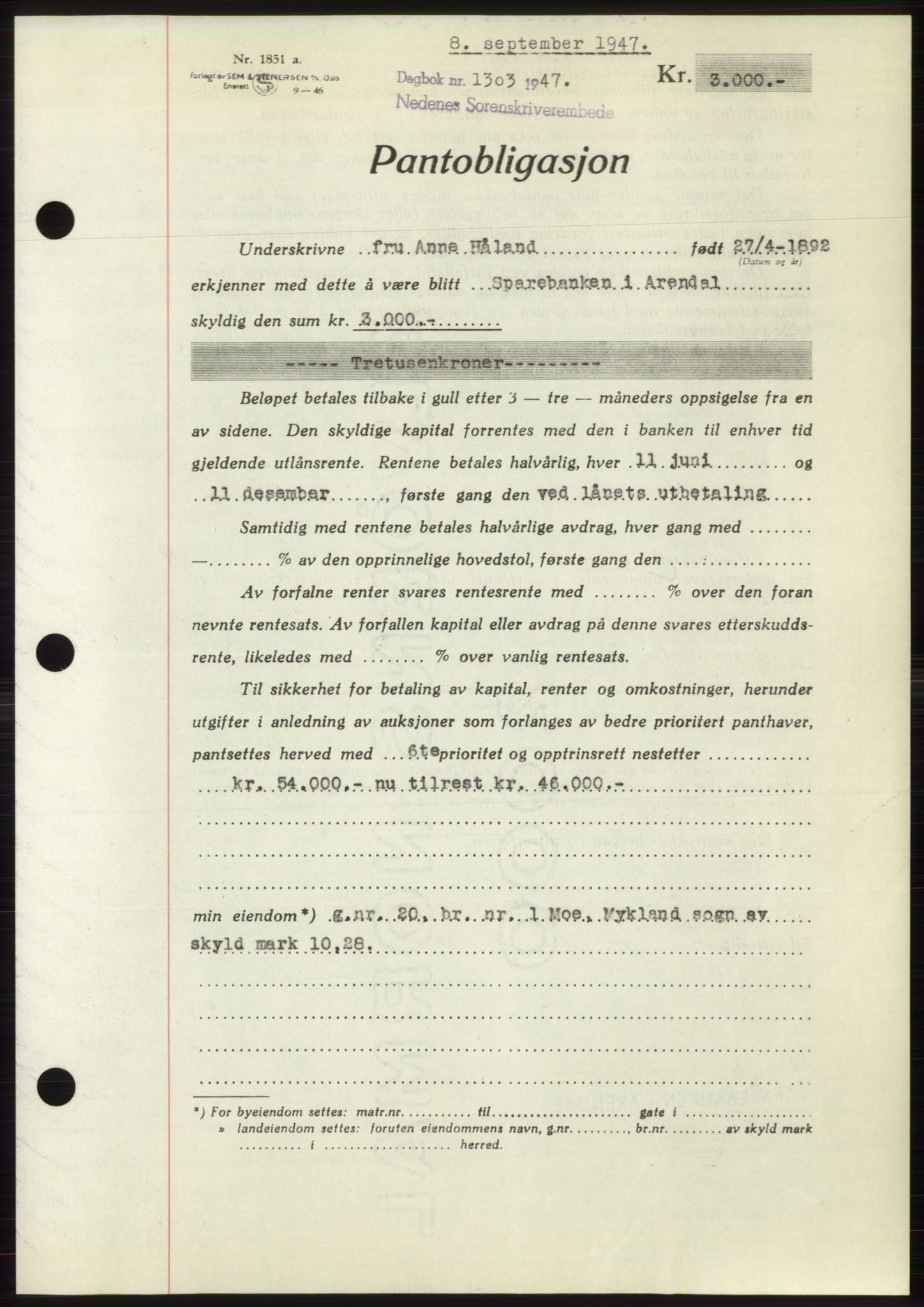 Nedenes sorenskriveri, SAK/1221-0006/G/Gb/Gbb/L0004: Pantebok nr. B4, 1947-1947, Dagboknr: 1303/1947