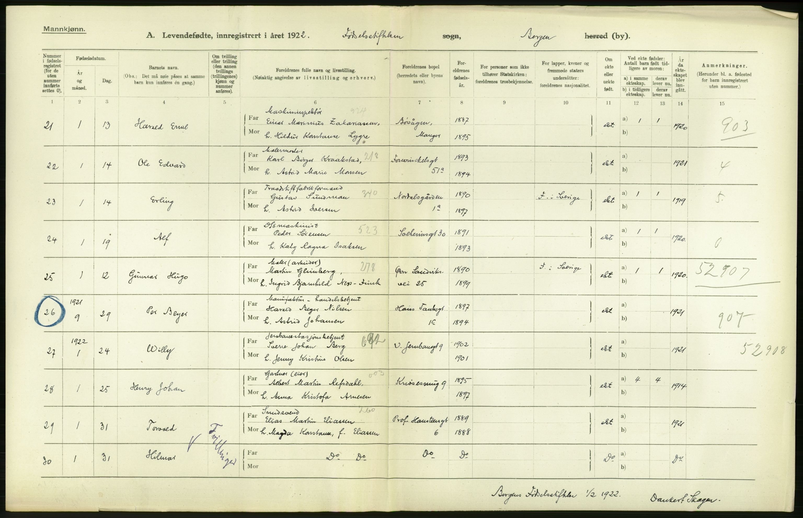Statistisk sentralbyrå, Sosiodemografiske emner, Befolkning, AV/RA-S-2228/D/Df/Dfc/Dfcb/L0029: Bergen: Levendefødte menn og kvinner., 1922, s. 6
