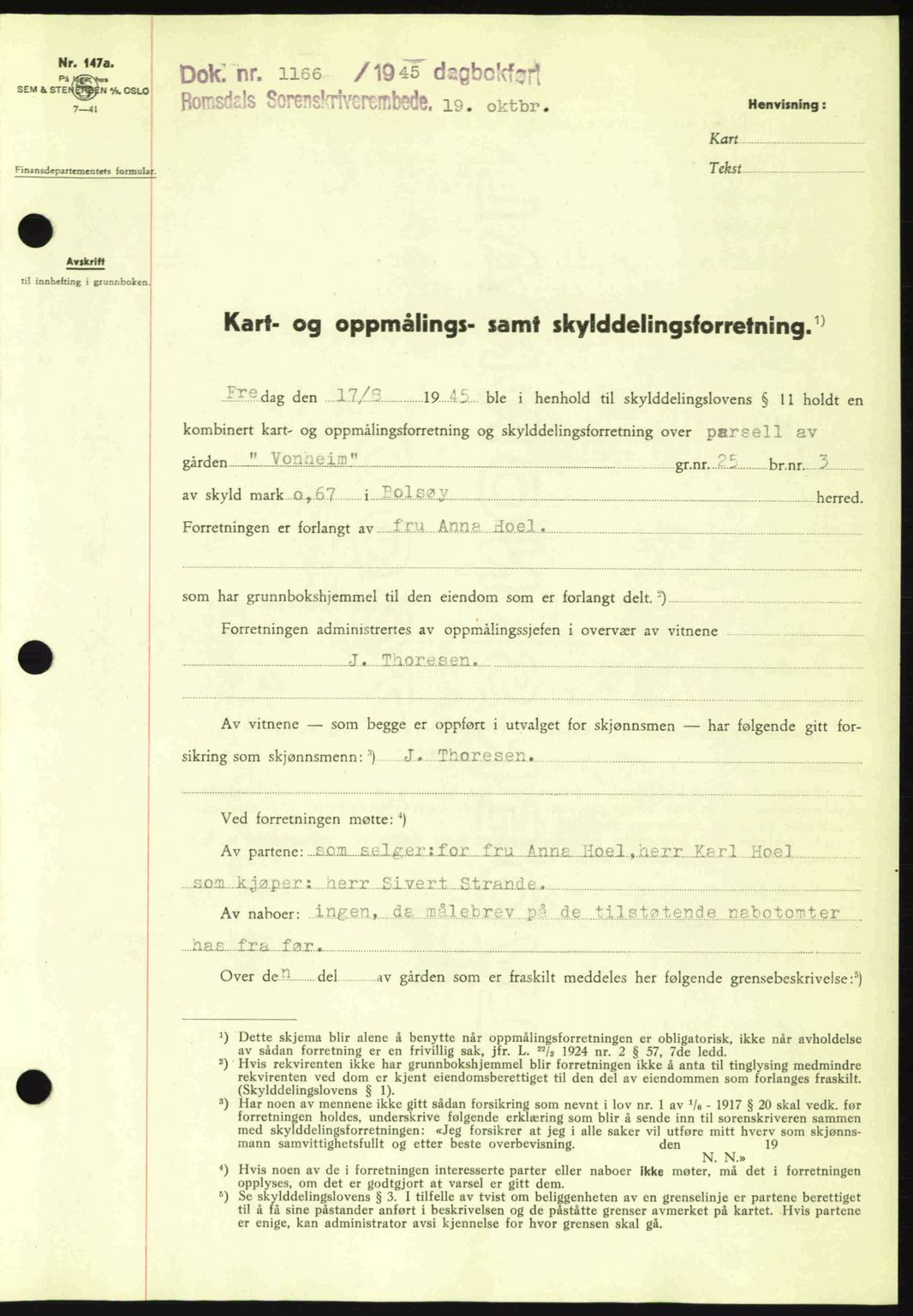 Romsdal sorenskriveri, SAT/A-4149/1/2/2C: Pantebok nr. A18, 1945-1945, Dagboknr: 1166/1945