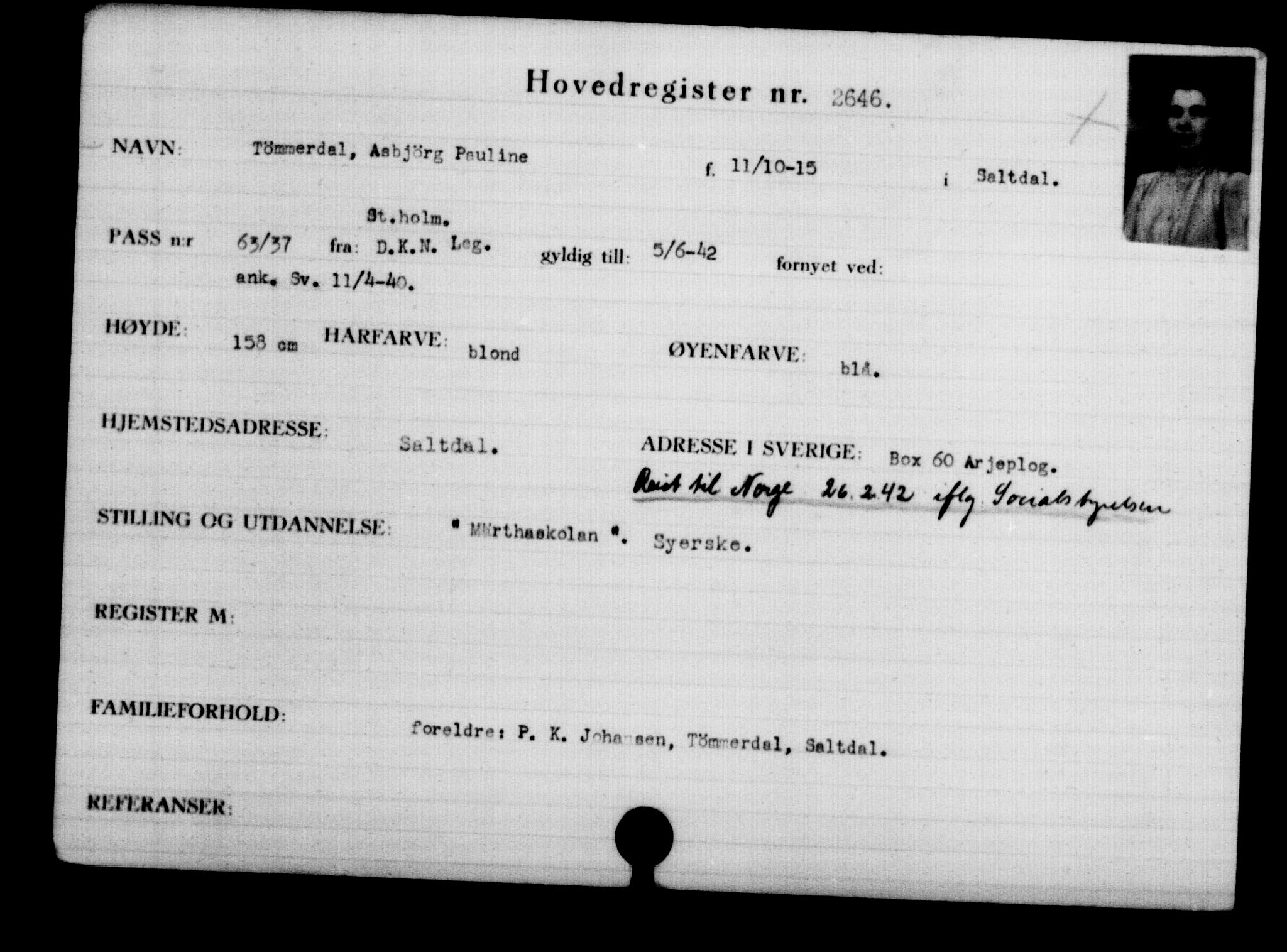 Utenriksstasjonene, Legasjonen i Stockholm, Flyktningkontoret, AV/RA-S-6753/V/Va/L0003: Kjesäterkartoteket, flyktninger med registreringsnr. 2001-3495, 1940-1945, s. 1010