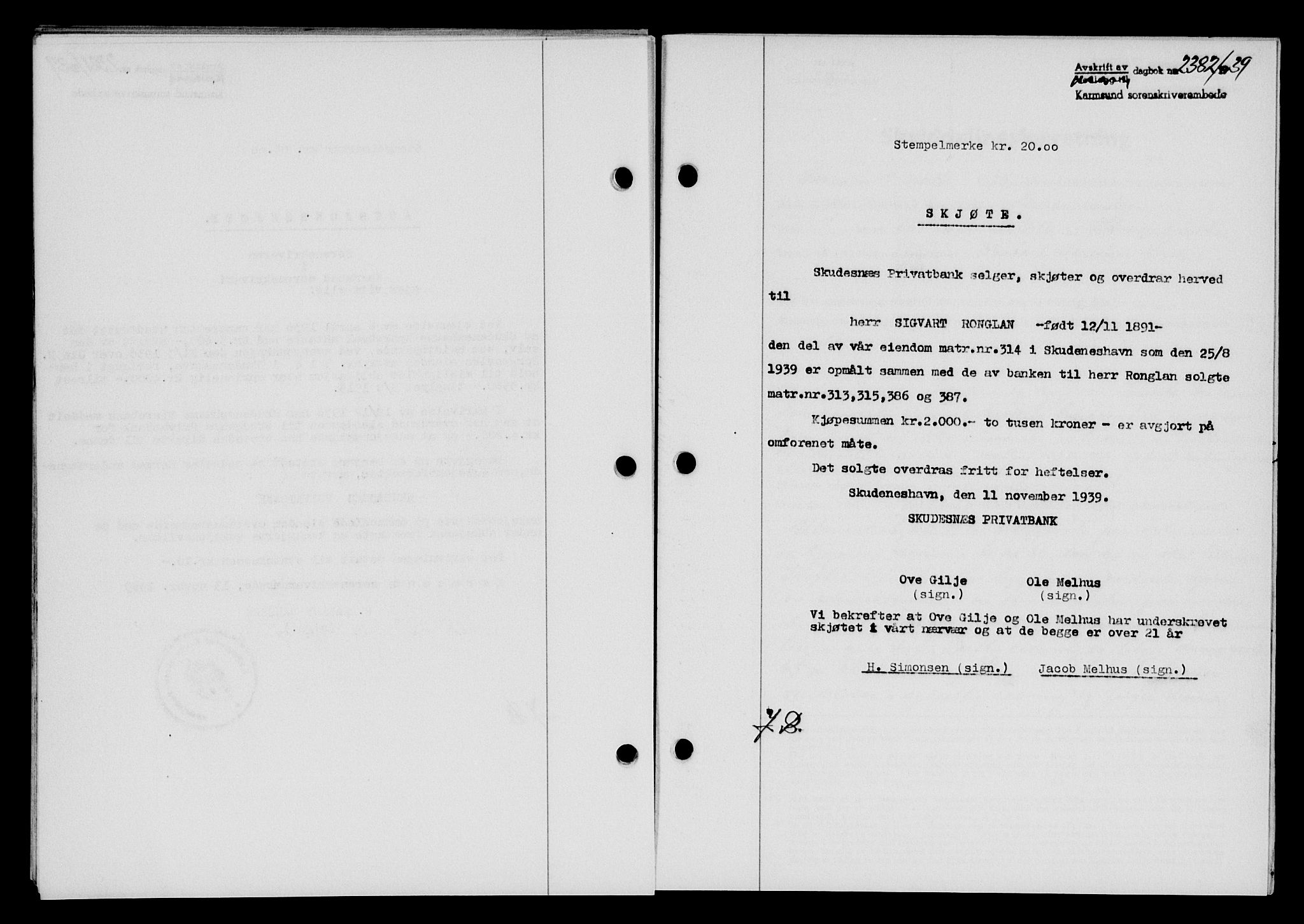 Karmsund sorenskriveri, SAST/A-100311/01/II/IIB/L0072: Pantebok nr. 53A, 1939-1940, Dagboknr: 2382/1939