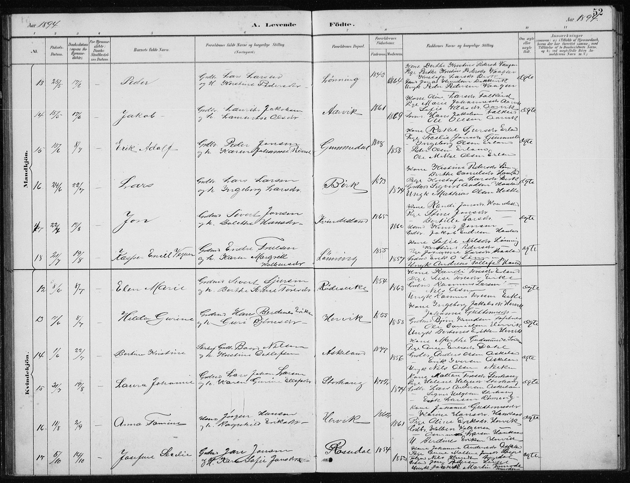 Tysvær sokneprestkontor, AV/SAST-A -101864/H/Ha/Hab/L0004: Klokkerbok nr. B 4, 1883-1896, s. 52