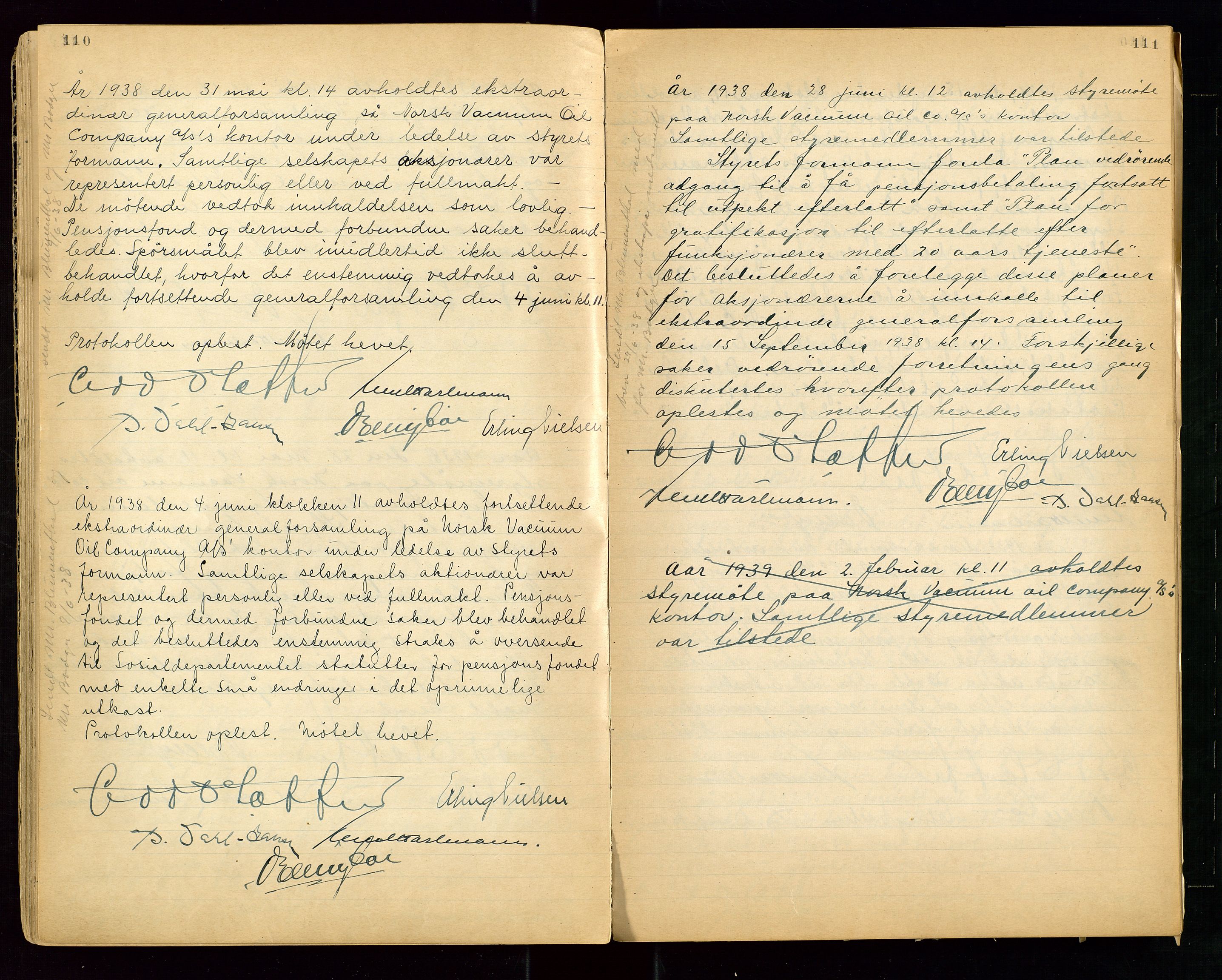 PA 1513 - Norsk Vacuum Oil Company A/S, SAST/A-101918/A/L0001: "Generalforsamlings og styreprotokoll" fra 27/4-1918 til 6/4-1949, 1918-1949, s. 110-111