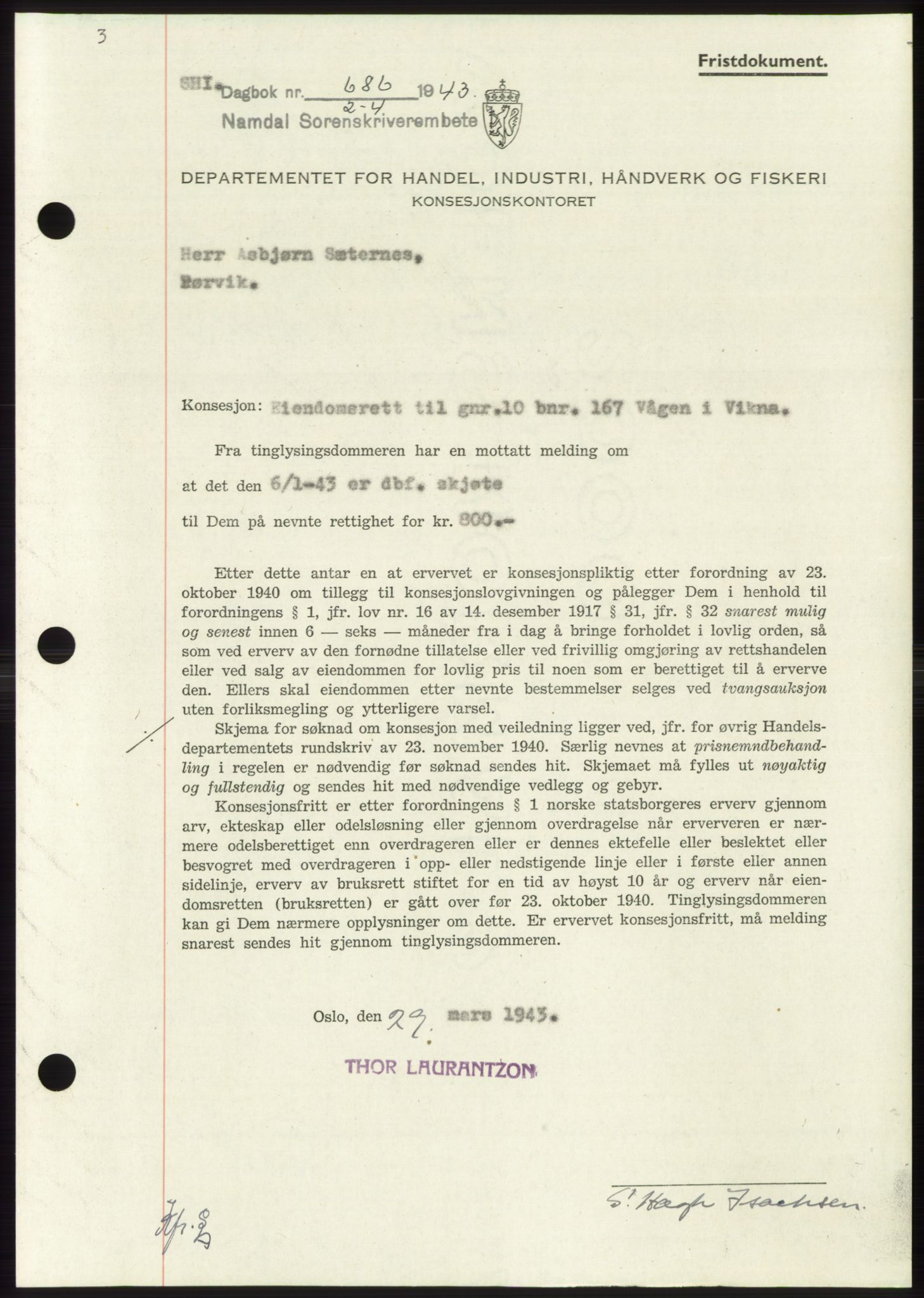Namdal sorenskriveri, SAT/A-4133/1/2/2C: Pantebok nr. -, 1942-1943, Dagboknr: 686/1943