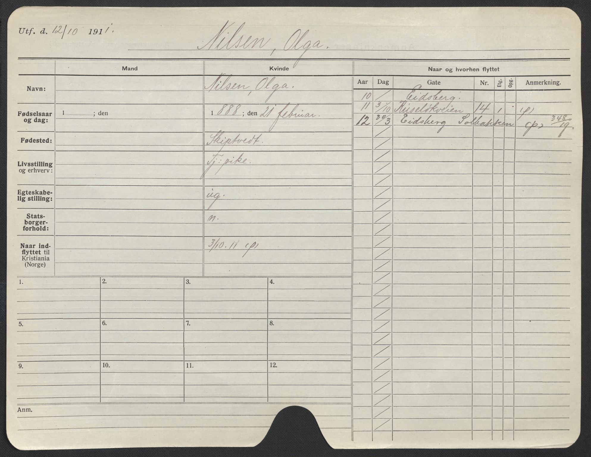 Oslo folkeregister, Registerkort, AV/SAO-A-11715/F/Fa/Fac/L0021: Kvinner, 1906-1914, s. 454a