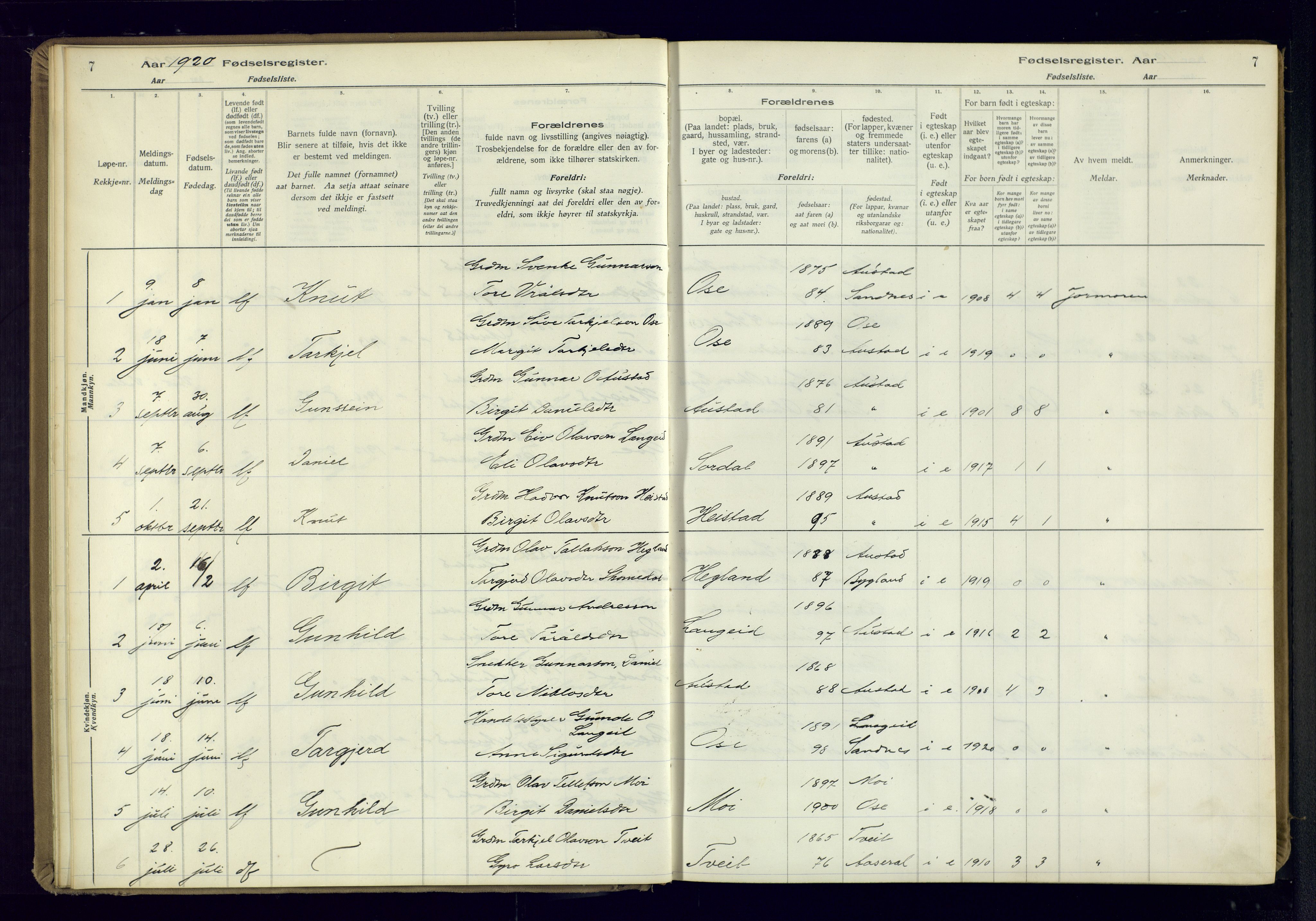 Bygland sokneprestkontor, SAK/1111-0006/J/Ja/L0002: Fødselsregister nr. II.4.3, 1916-1982, s. 7