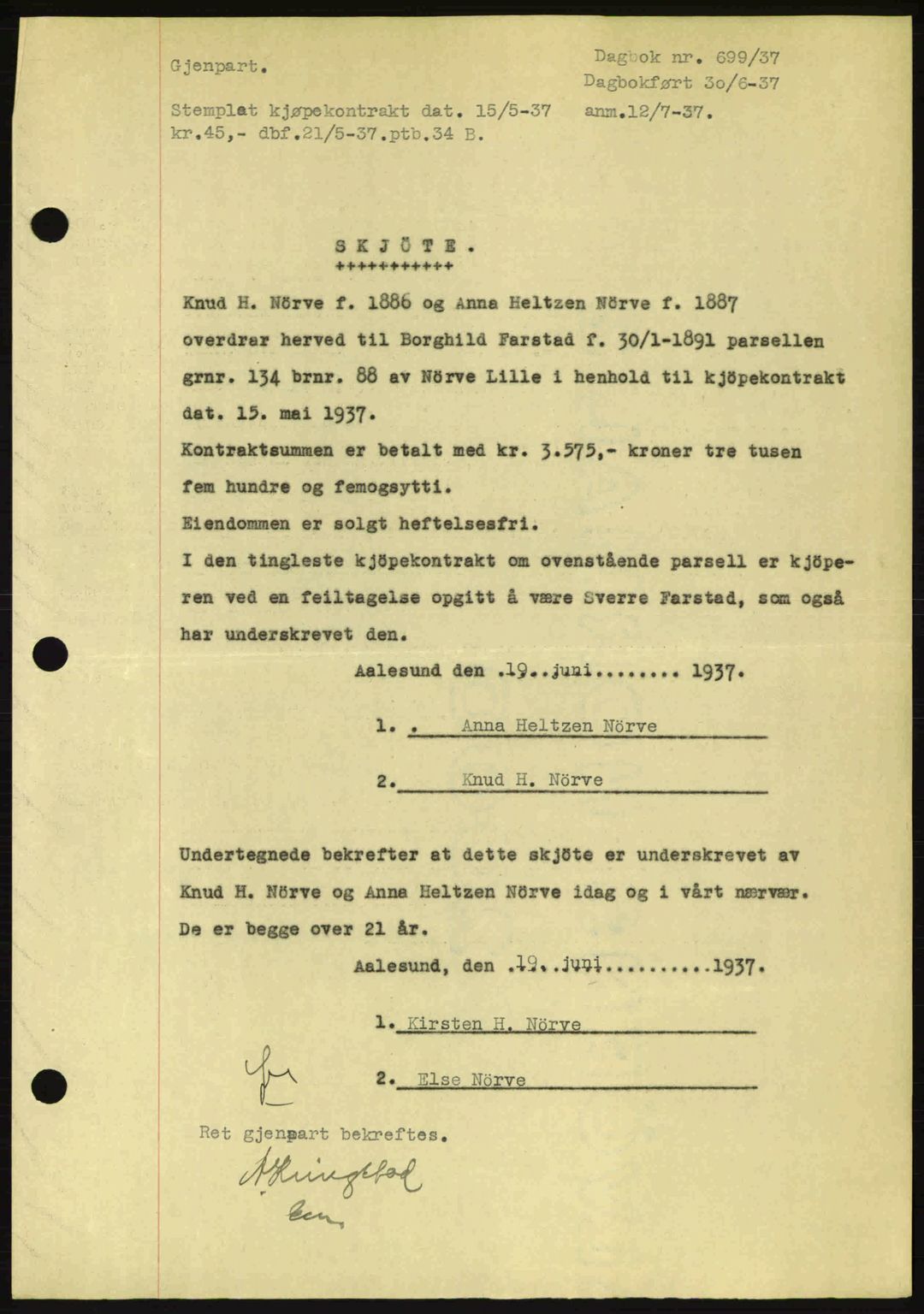 Ålesund byfogd, AV/SAT-A-4384: Pantebok nr. 34 I, 1936-1938, Dagboknr: 699/1937
