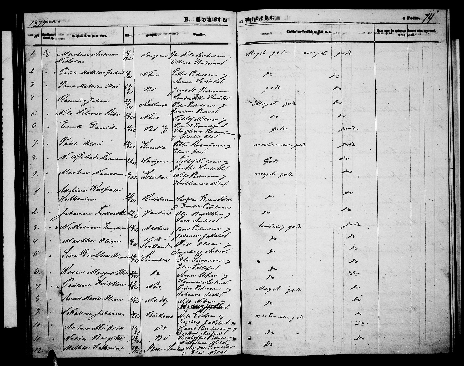 Ministerialprotokoller, klokkerbøker og fødselsregistre - Nordland, AV/SAT-A-1459/898/L1426: Klokkerbok nr. 898C01, 1869-1886, s. 74