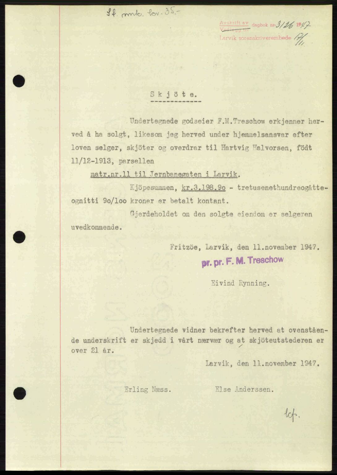 Larvik sorenskriveri, SAKO/A-83/G/Ga/Gab/L0085: Pantebok nr. A-19, 1947-1948, Dagboknr: 3126/1947
