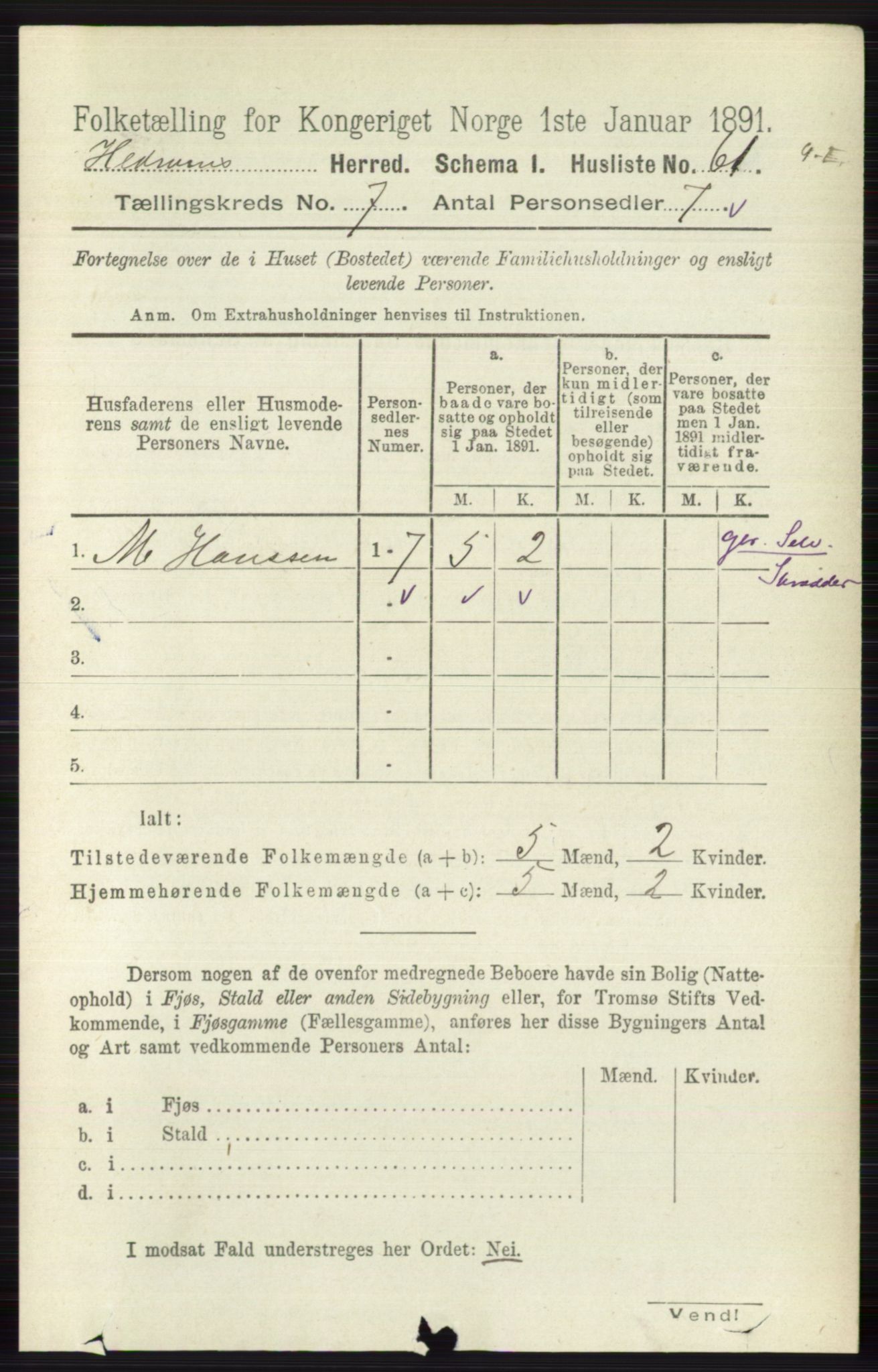 RA, Folketelling 1891 for 0727 Hedrum herred, 1891, s. 3007