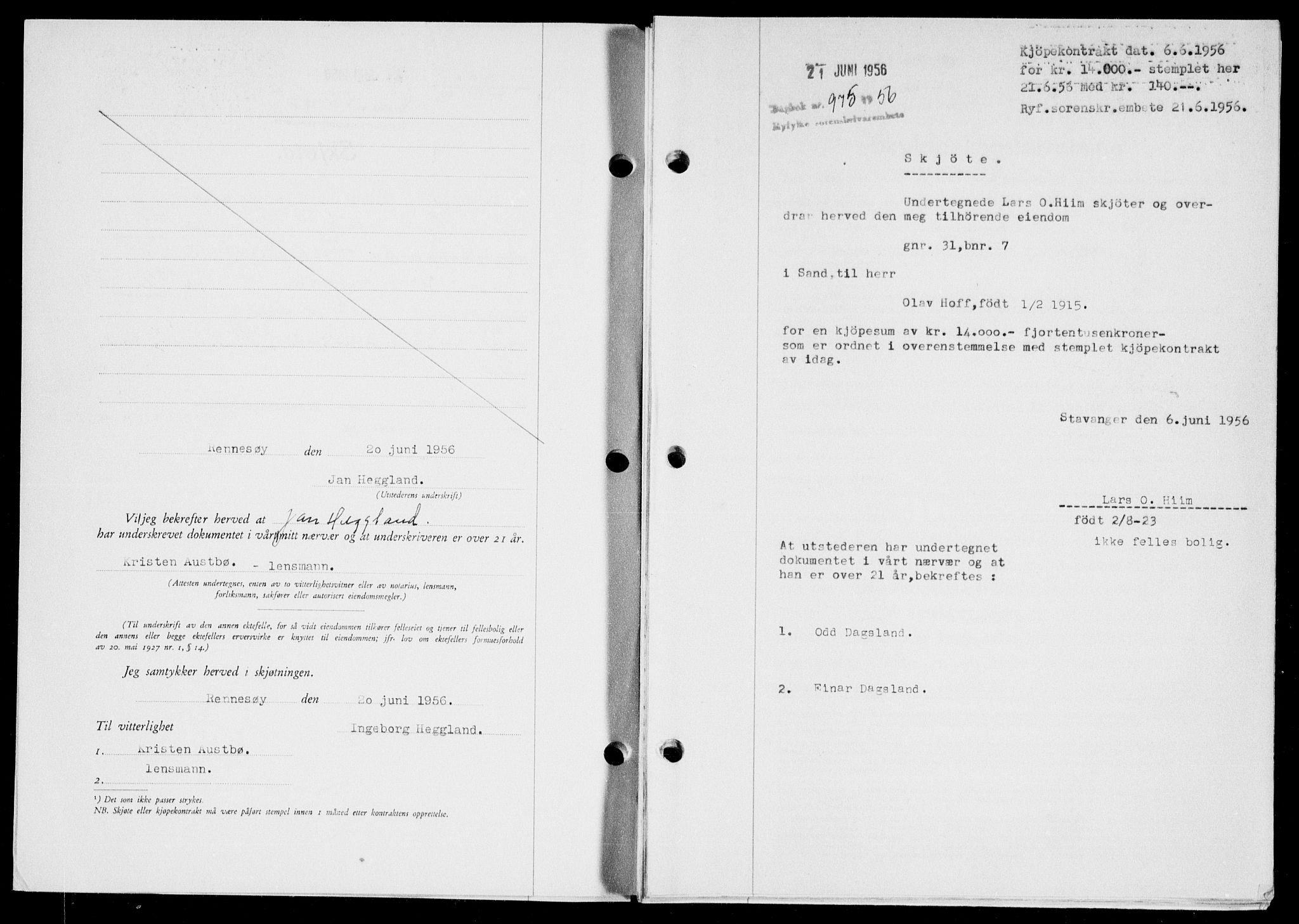 Ryfylke tingrett, SAST/A-100055/001/II/IIB/L0134: Pantebok nr. 113, 1956-1956, Dagboknr: 975/1956