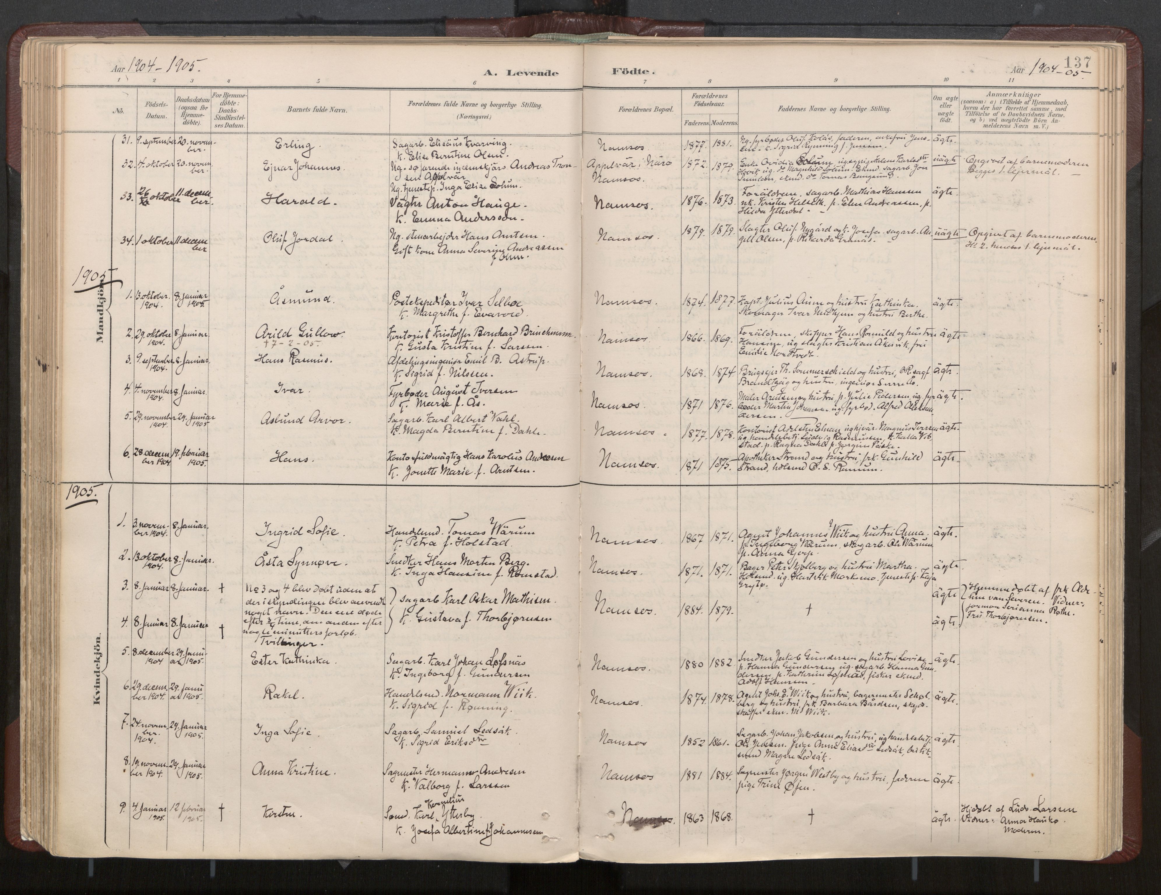 Ministerialprotokoller, klokkerbøker og fødselsregistre - Nord-Trøndelag, AV/SAT-A-1458/768/L0574: Ministerialbok nr. 768A08, 1887-1927, s. 137