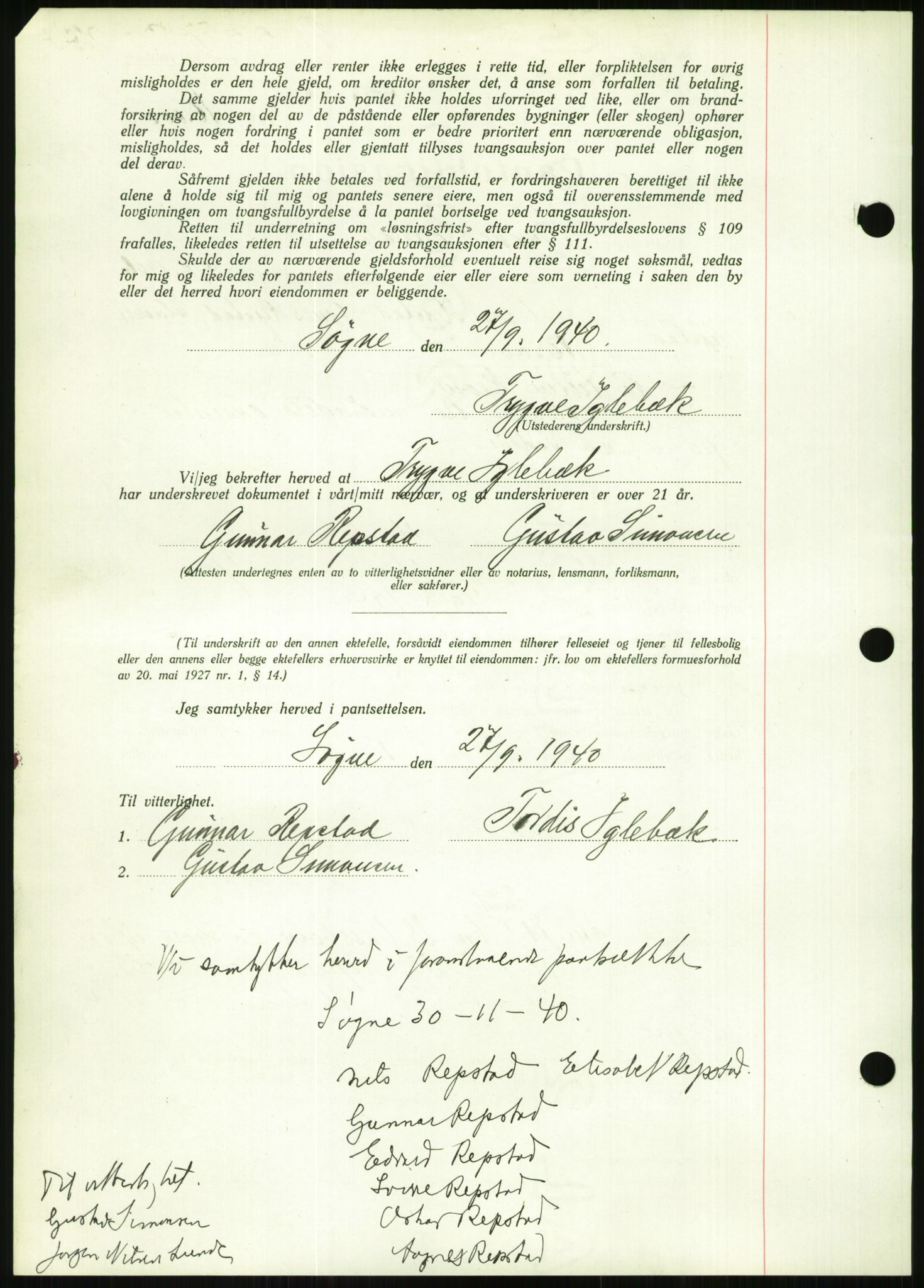 Torridal sorenskriveri, SAK/1221-0012/G/Gb/Gbb/L0008: Pantebok nr. 52b, 1940-1942, Dagboknr: 1226/1940