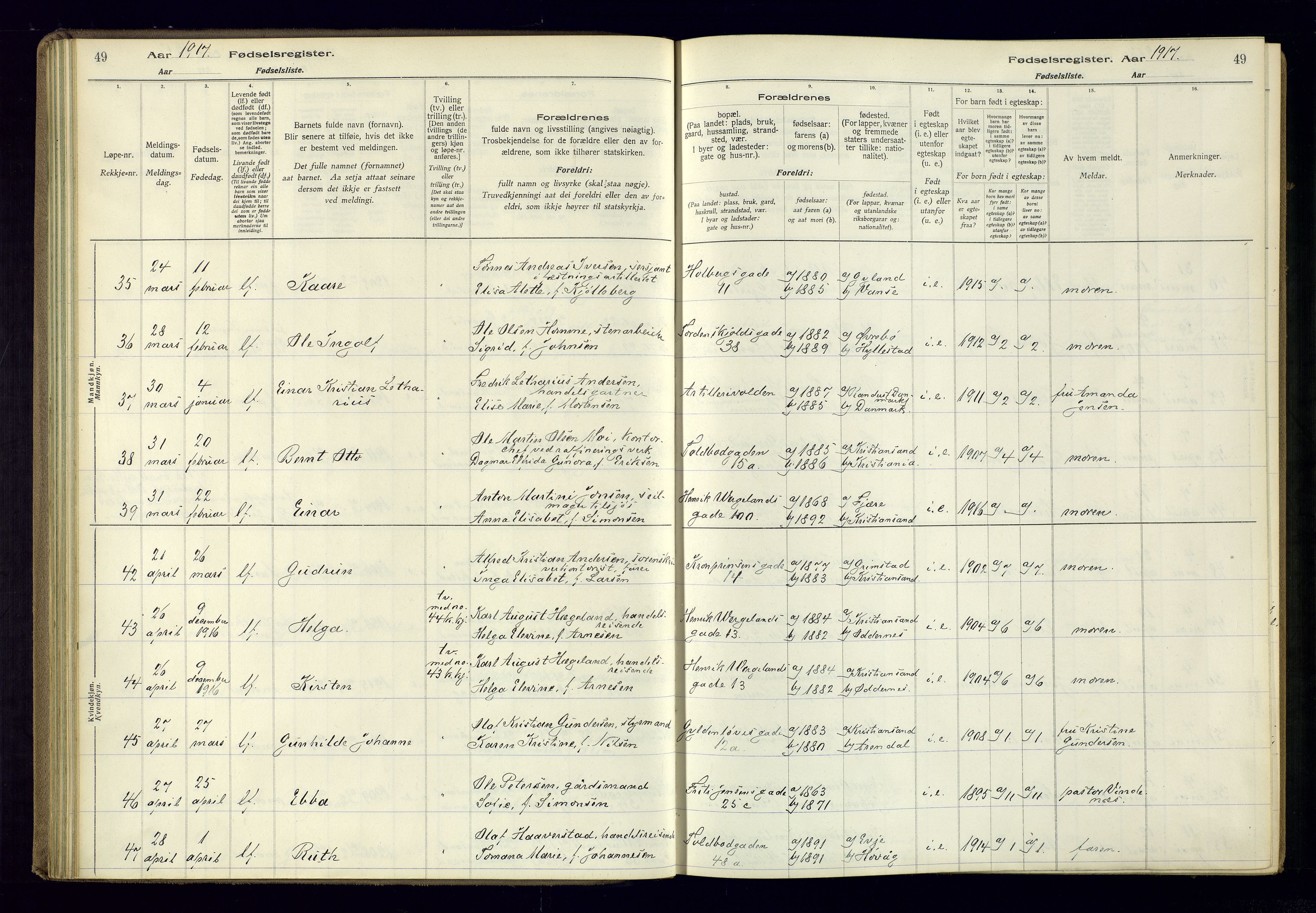 Kristiansand domprosti, AV/SAK-1112-0006/J/Jc/L0001: Fødselsregister nr. A-VI-45, 1916-1921, s. 49