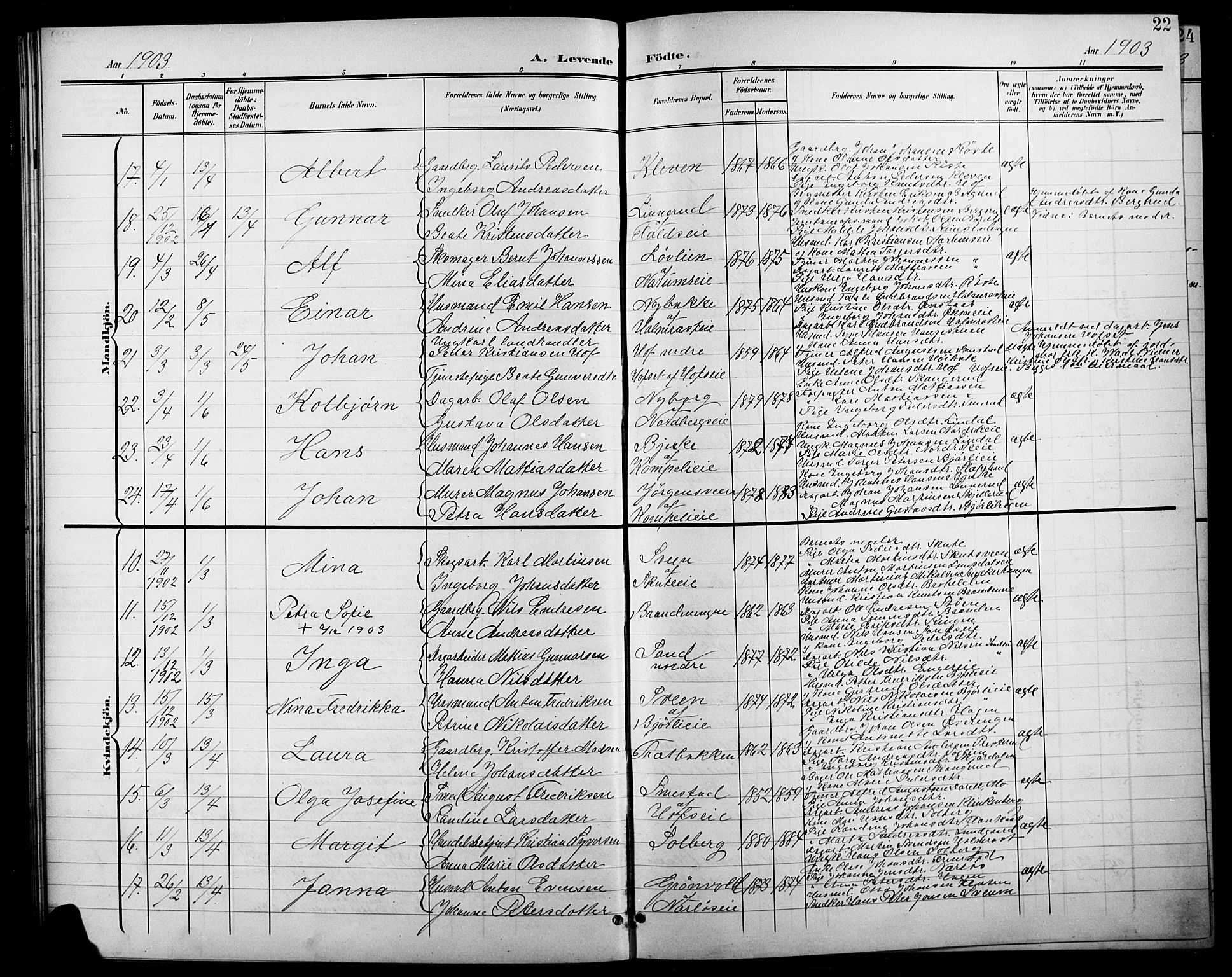 Søndre Land prestekontor, AV/SAH-PREST-122/L/L0004: Klokkerbok nr. 4, 1901-1915, s. 22