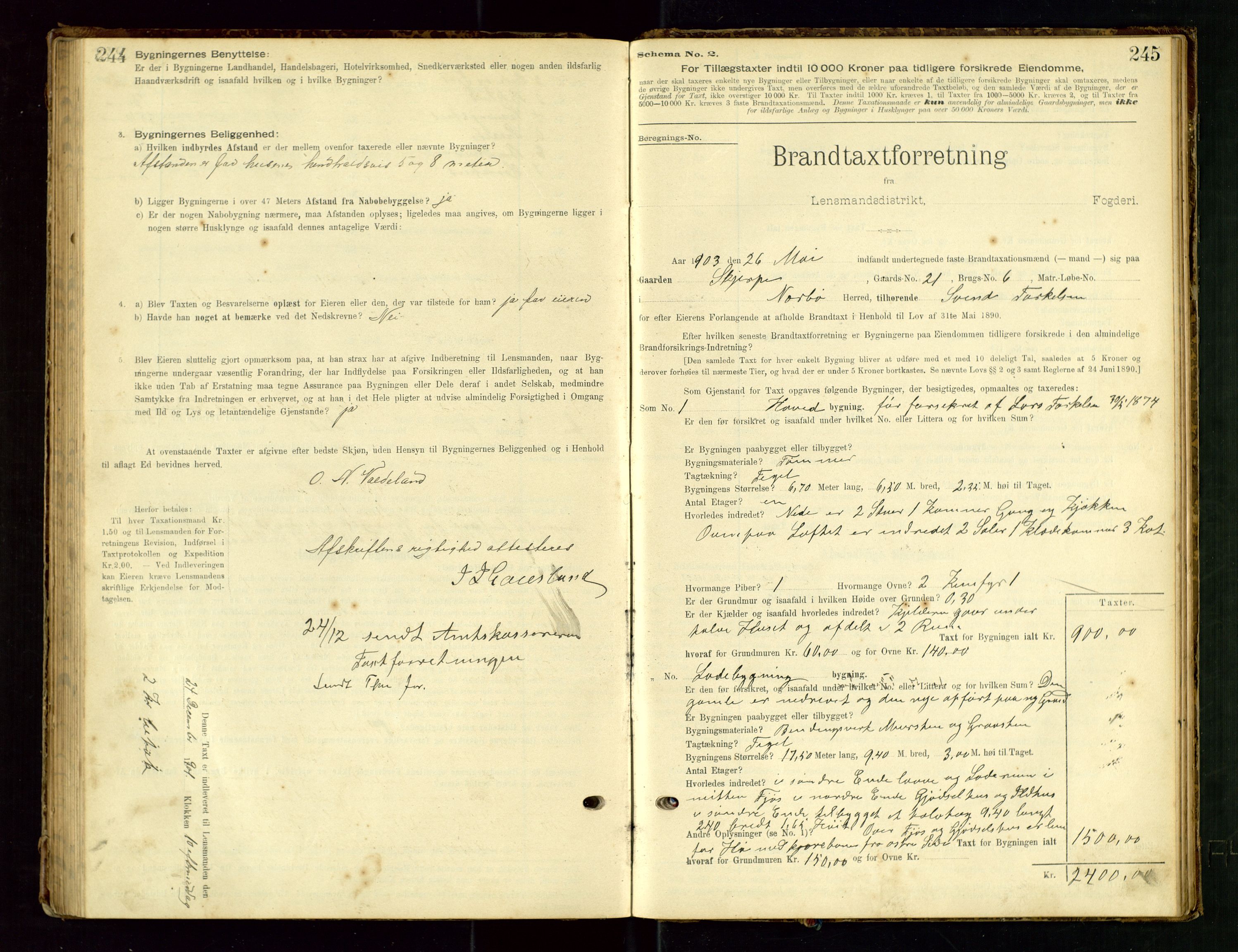 Hå lensmannskontor, SAST/A-100456/Goa/L0003: Takstprotokoll (skjema), 1895-1911, s. 244-245