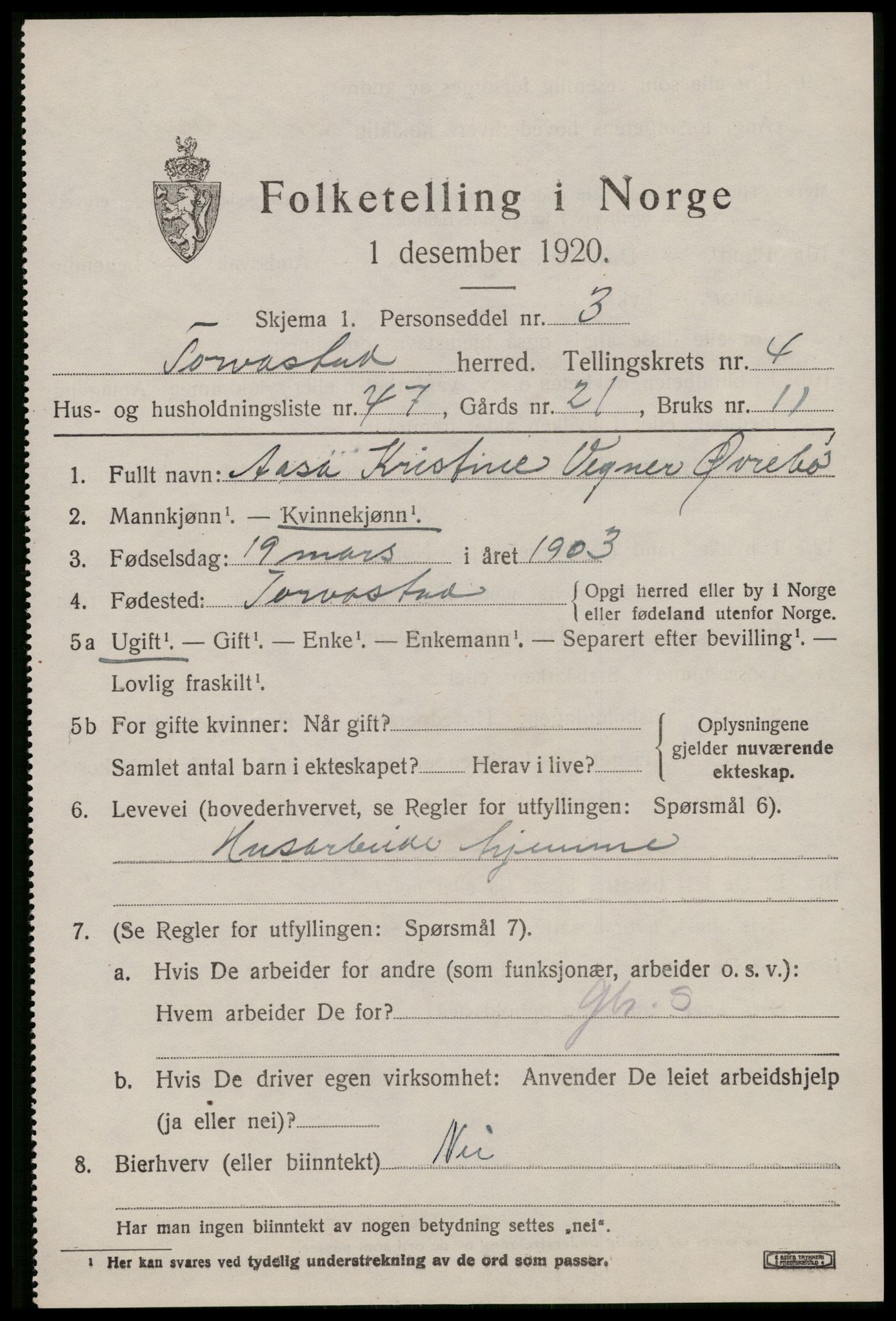 SAST, Folketelling 1920 for 1152 Torvastad herred, 1920, s. 4166