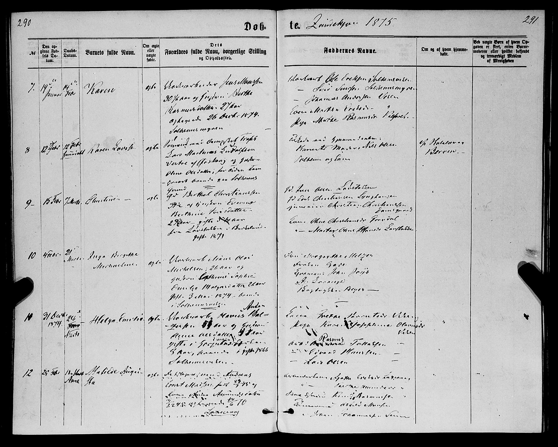 St. Jørgens hospital og Årstad sokneprestembete, AV/SAB-A-99934: Ministerialbok nr. A 6, 1870-1878, s. 290-291