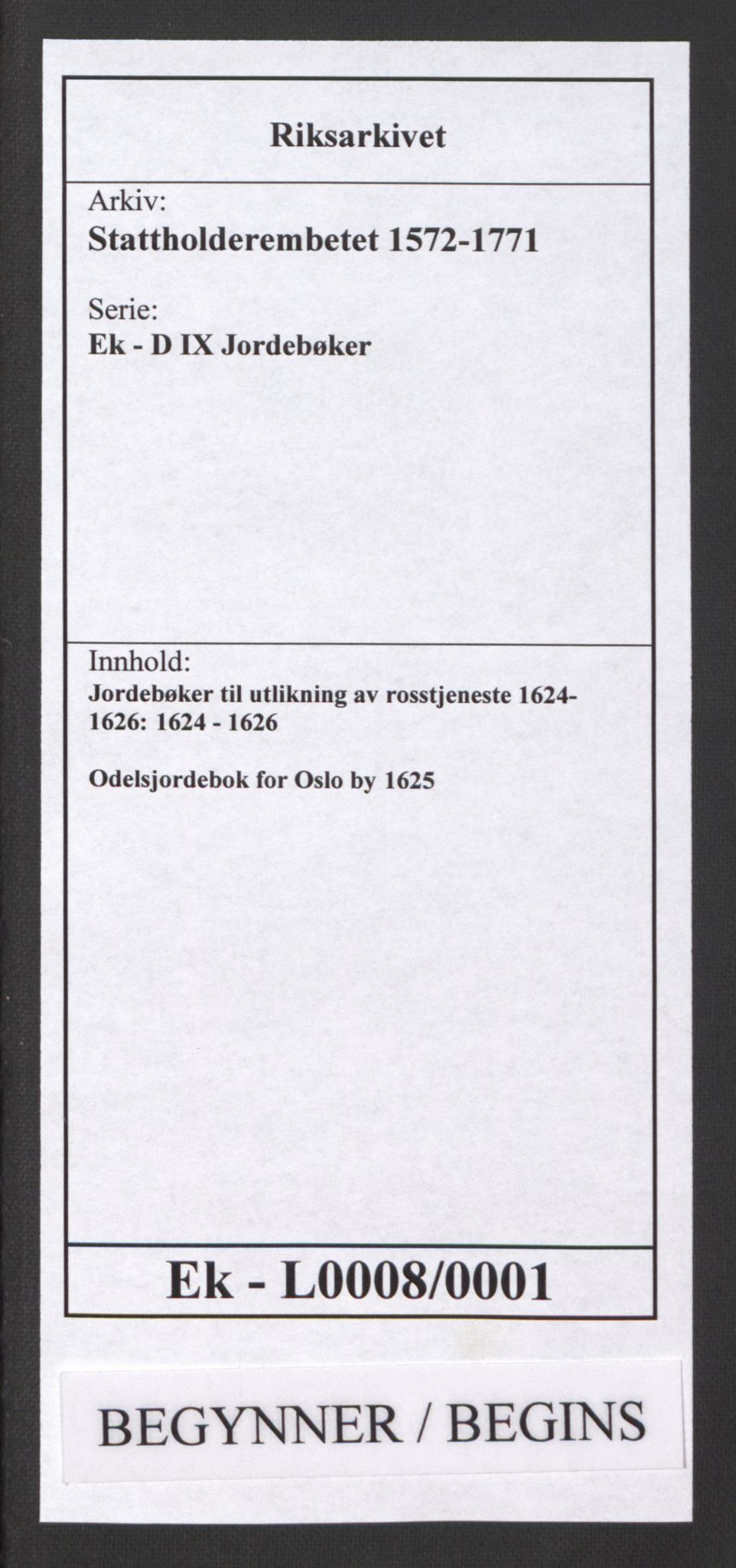Stattholderembetet 1572-1771, RA/EA-2870/Ek/L0008/0001: Jordebøker til utlikning av rosstjeneste 1624-1626: / Odelsjordebok for Oslo by, 1625, s. 1