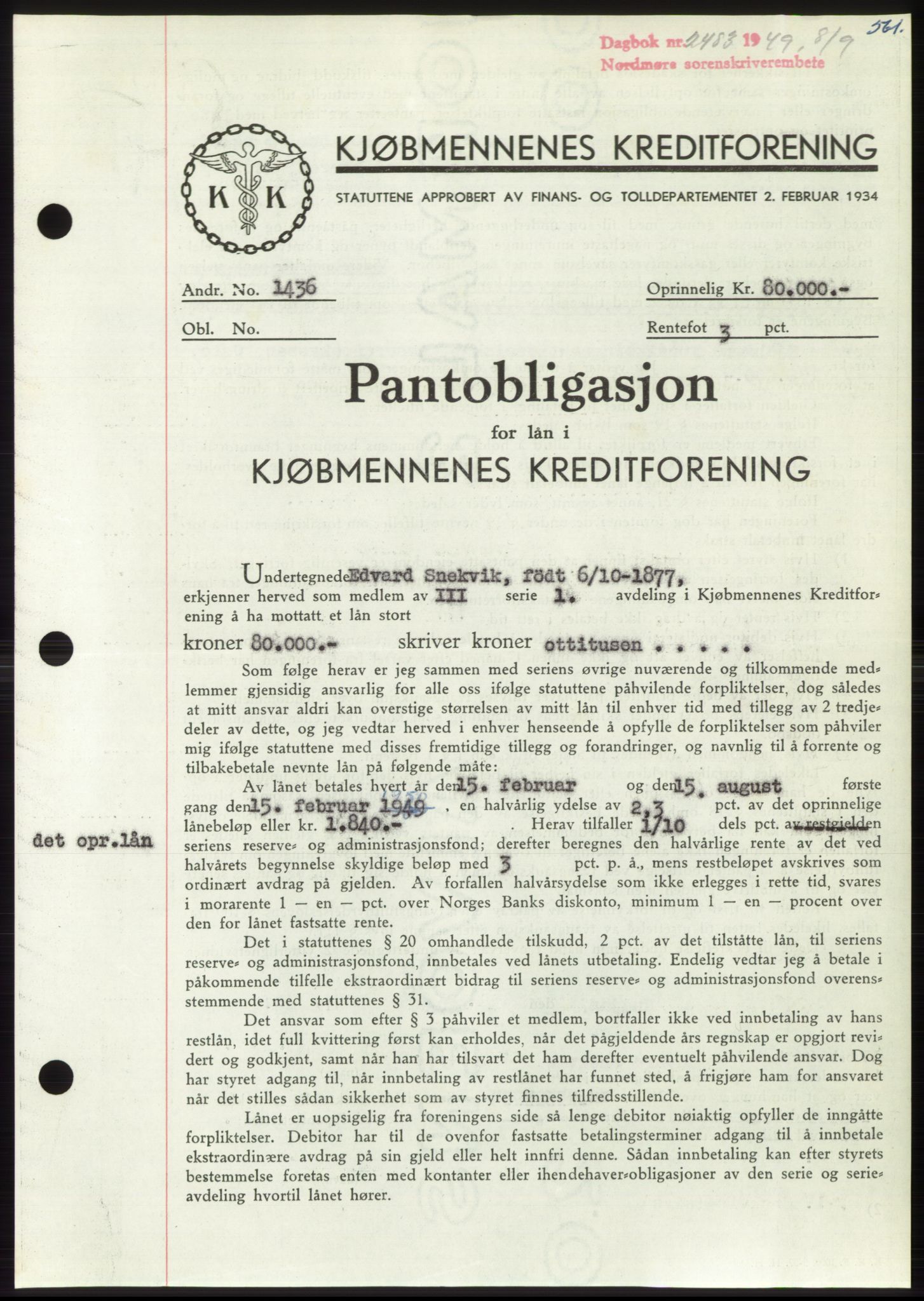 Nordmøre sorenskriveri, SAT/A-4132/1/2/2Ca: Pantebok nr. B102, 1949-1949, Dagboknr: 2483/1949