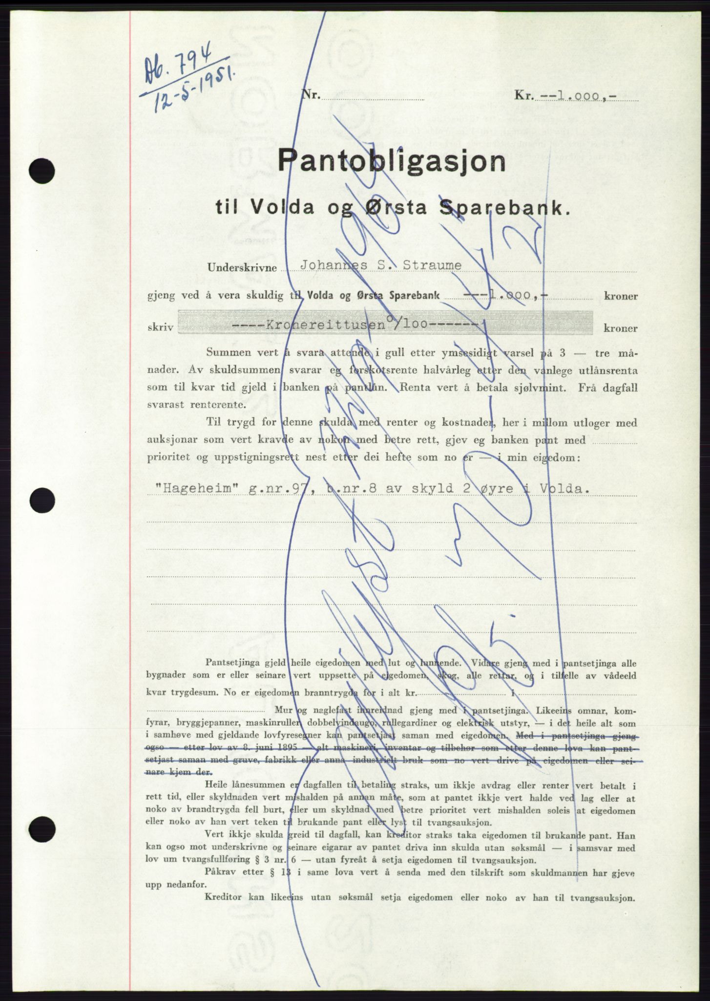 Søre Sunnmøre sorenskriveri, AV/SAT-A-4122/1/2/2C/L0120: Pantebok nr. 8B, 1951-1951, Dagboknr: 794/1951