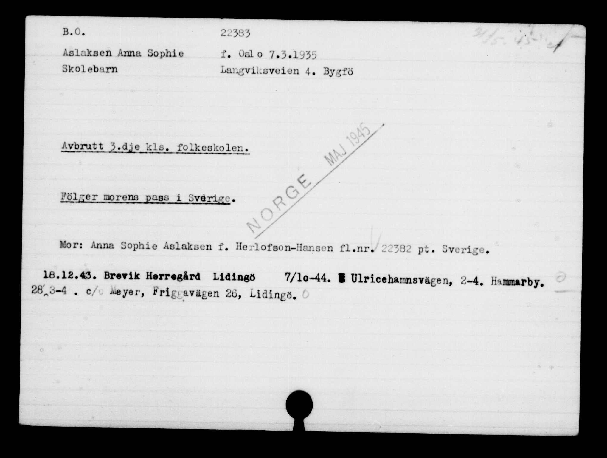 Utenriksstasjonene, Legasjonen i Stockholm, Flyktningkontoret, AV/RA-S-6753/V/Va/L0010: Kjesäterkartoteket, flyktninger med registreringsnr. 22000-25314, 1940-1945, s. 420